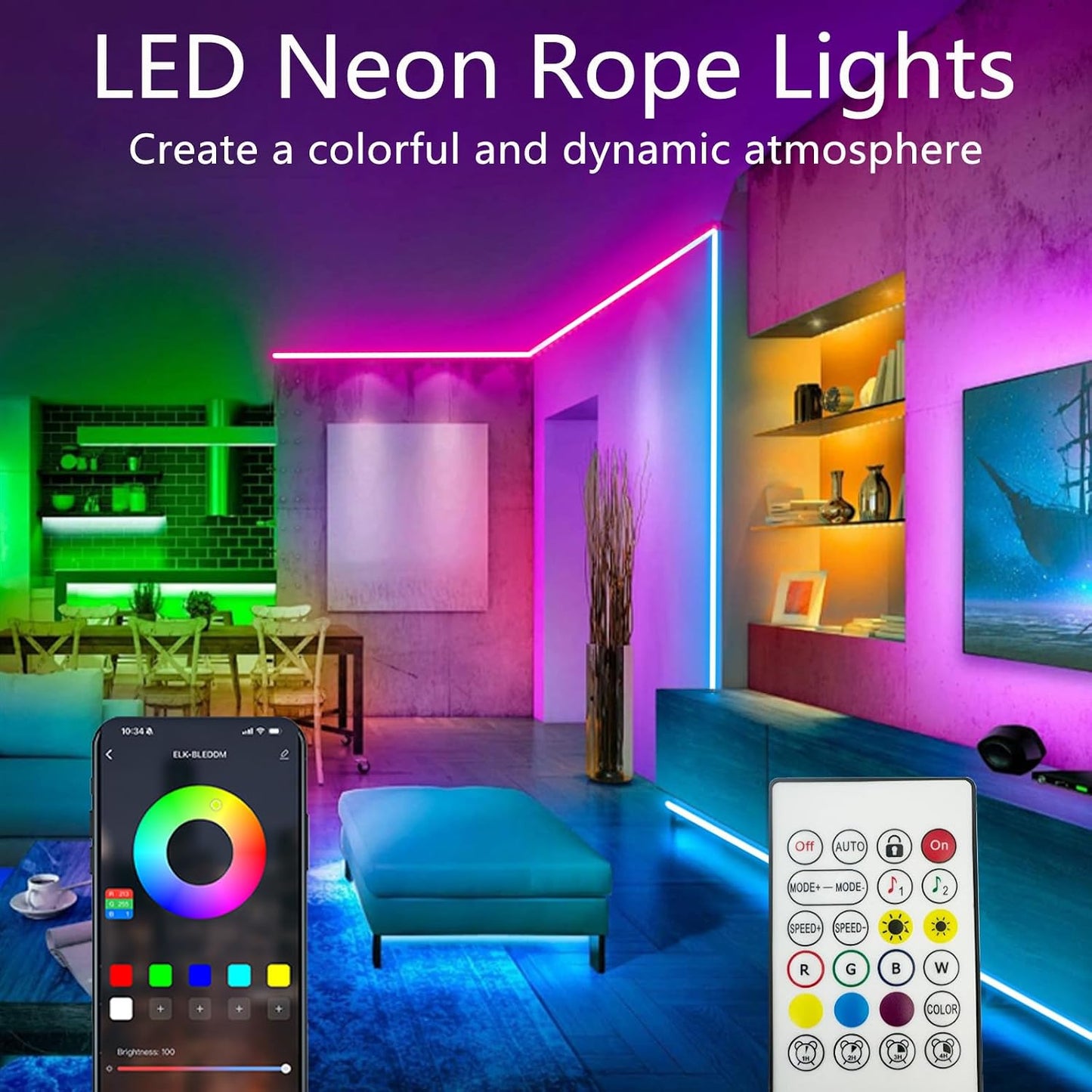 20Ft Neon Rope Lights,Flexible Led Rope Lights Control with App/Remote,Multiple Modes Rope Lights,IP65 Outdoor Waterproof,Music Sync Light Strip for Bedroom