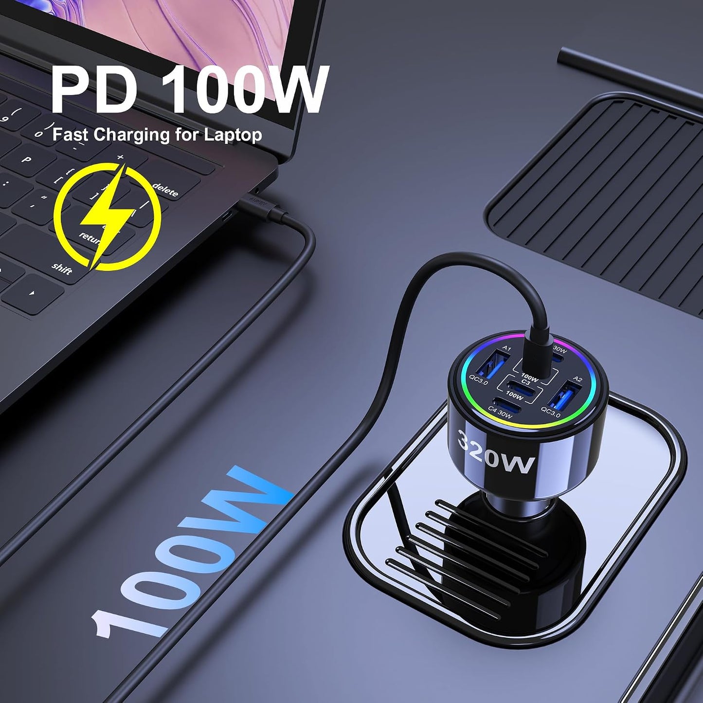 320W USB C Car Charger, 6 Ports Type C Car Charger | PD3.0/QC4.0/PPS Super Fast Charging for iPhone 17/16/15 Series, Galaxy S25/S24/23, iPad, MacBook Pro/Air, Laptop (Black)