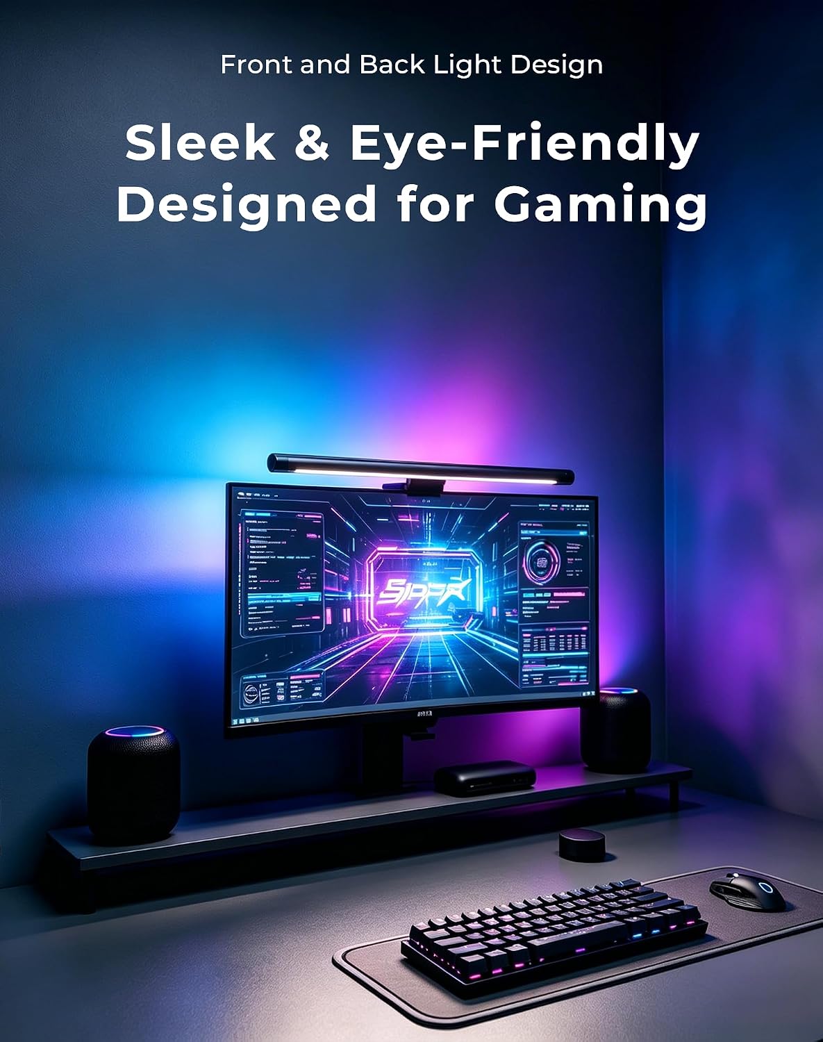 RGB Monitor Light Bar with Wireless Remote, Dual-Source Gaming Computer Lamp for Curved & Flat Monitors (0.39"-1.18"), Ambient Backlight, Stepless Dimming (Ra95), No Glare Desk Setup