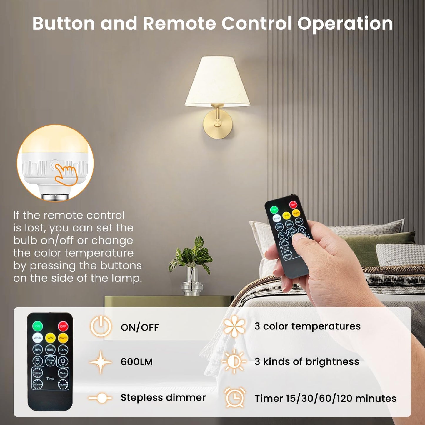 SCOPOW 2Packs E26 Rechargeable Light Bulbs with Remote Control, 5W 350lm Magnetically Battery Operated Light Bulbs 2000mAh, 3 Color Temperature, Timer, Dimmer for Non-Hardwired Lamp