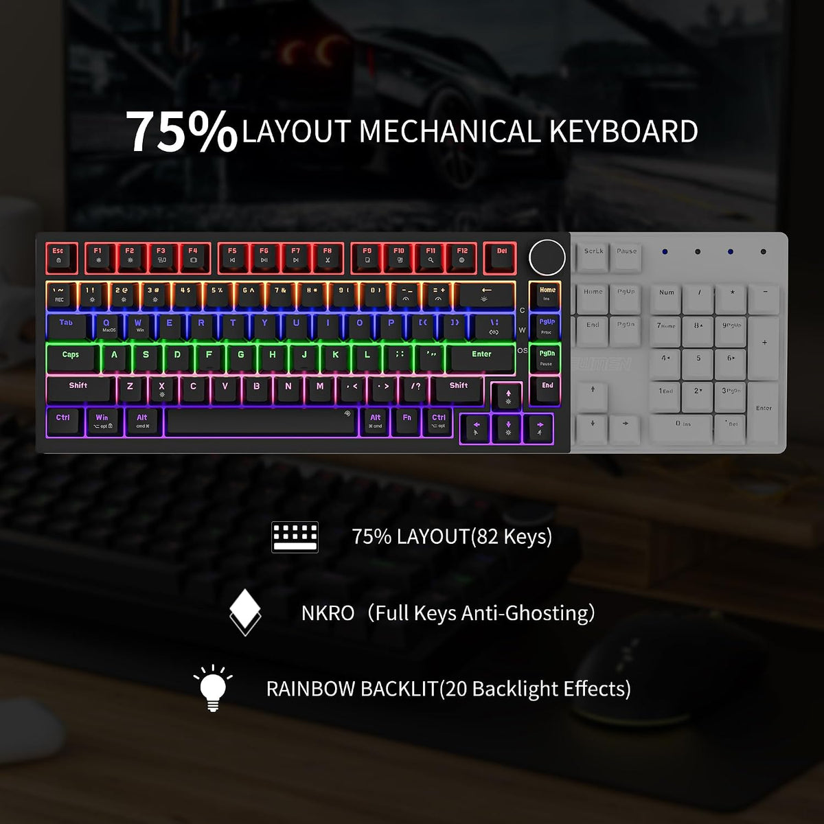 Newmen GM326 Mechanical Keyboard,75% Percent Gaming Keyboard,Wired Keyboard | Mechanical Keyboard,75% Percent Gaming Keyboard,Wired,Backlit,Hot Swappable,Compact,Mini,Black,PC Keyboards,Knob,Red Switch