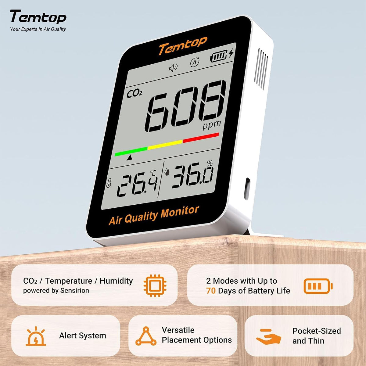 Temtop CO2 Monitor Indoor air Quality Monitor Portable CO2 Meter, CO2, Temperature, Humidity Home, Office or School