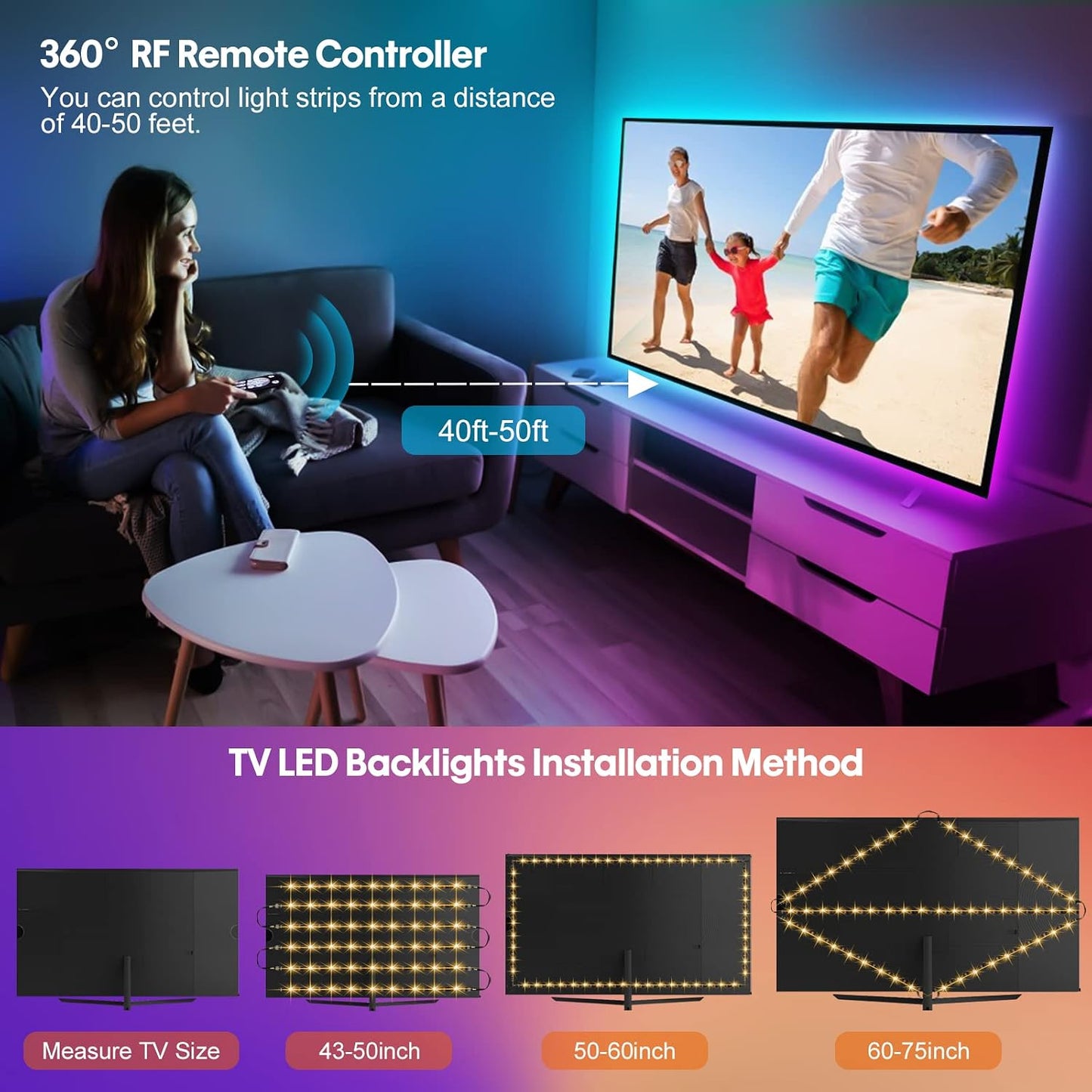 RGB LED Strip Lights 10ft/6 Pre-cut 1.64ft for 43-65 Inch TV Backlight | Color Changing Strip Light Music Sync, Remote,App Control,USB Powered Bias LED Lighting for Gaming Bedroom PC Monitor Cabinet