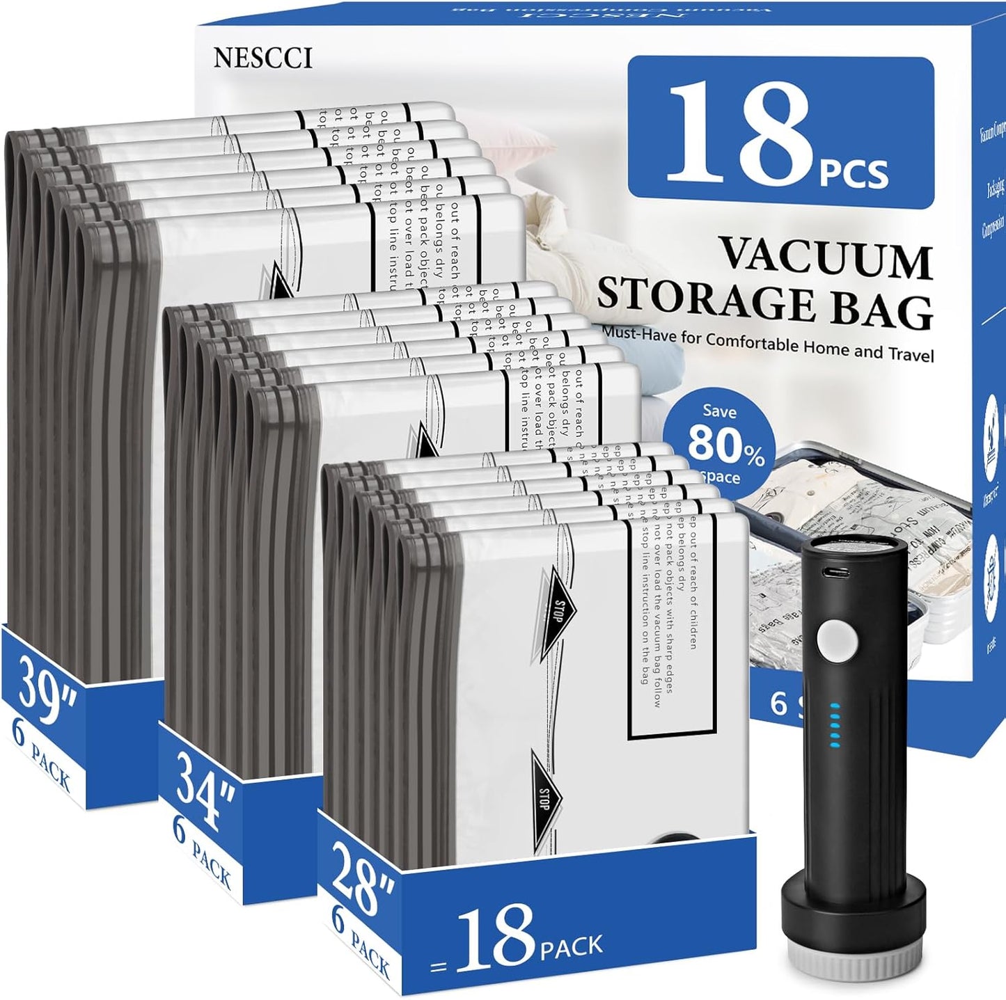 18 Pack Travel Vacuum Bags for Clothing with Rechargeable Wireless Air Pump | Compression Seal Packing Bags for Luggage Suitcase,Carry-on Size Space Saver Vacuum Storage Bags