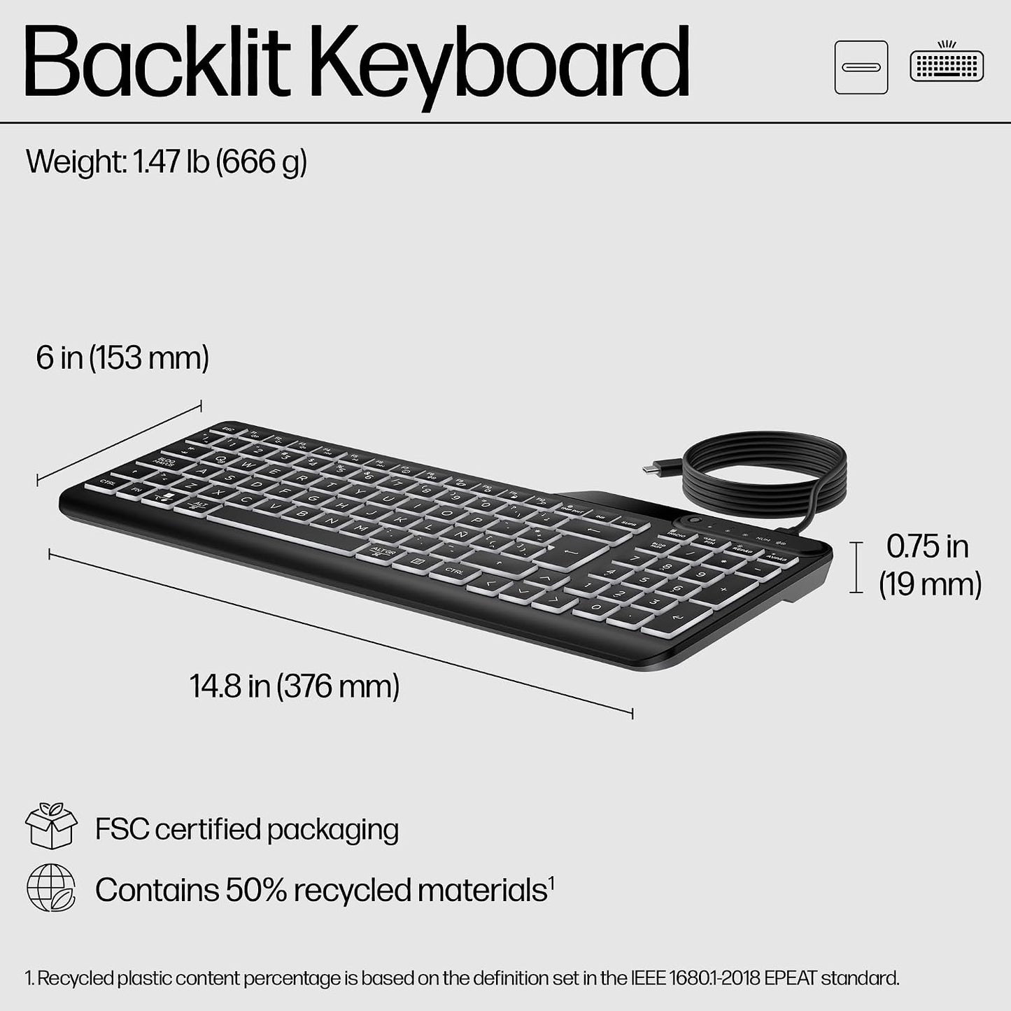 HP 400 Backlit Wired Keyboard (Ash Wired) - Warm White LED Illuminated Keys w/ 3 Brightness Levels - Slim & Portable Design - 12 Programmable Keys - Spill-Resistant, Sanitizable