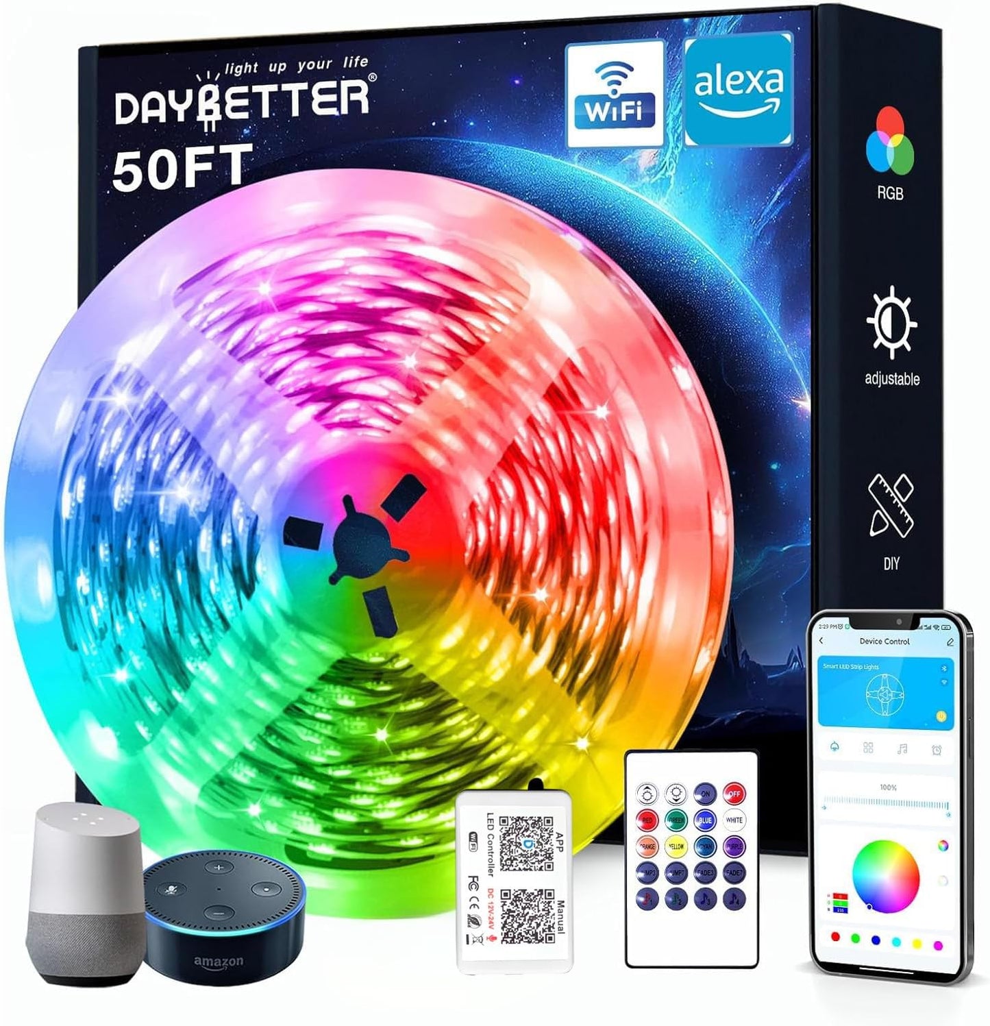 DAYBETTER 100 ft Smart WiFi Led Lights, Led Strip Lights Work with Alexa and Google Assistant, App Voice Remote Control Music Sync Color Changing RGB Strip Lighting for Bedroom Room Decor, 50 ft *2