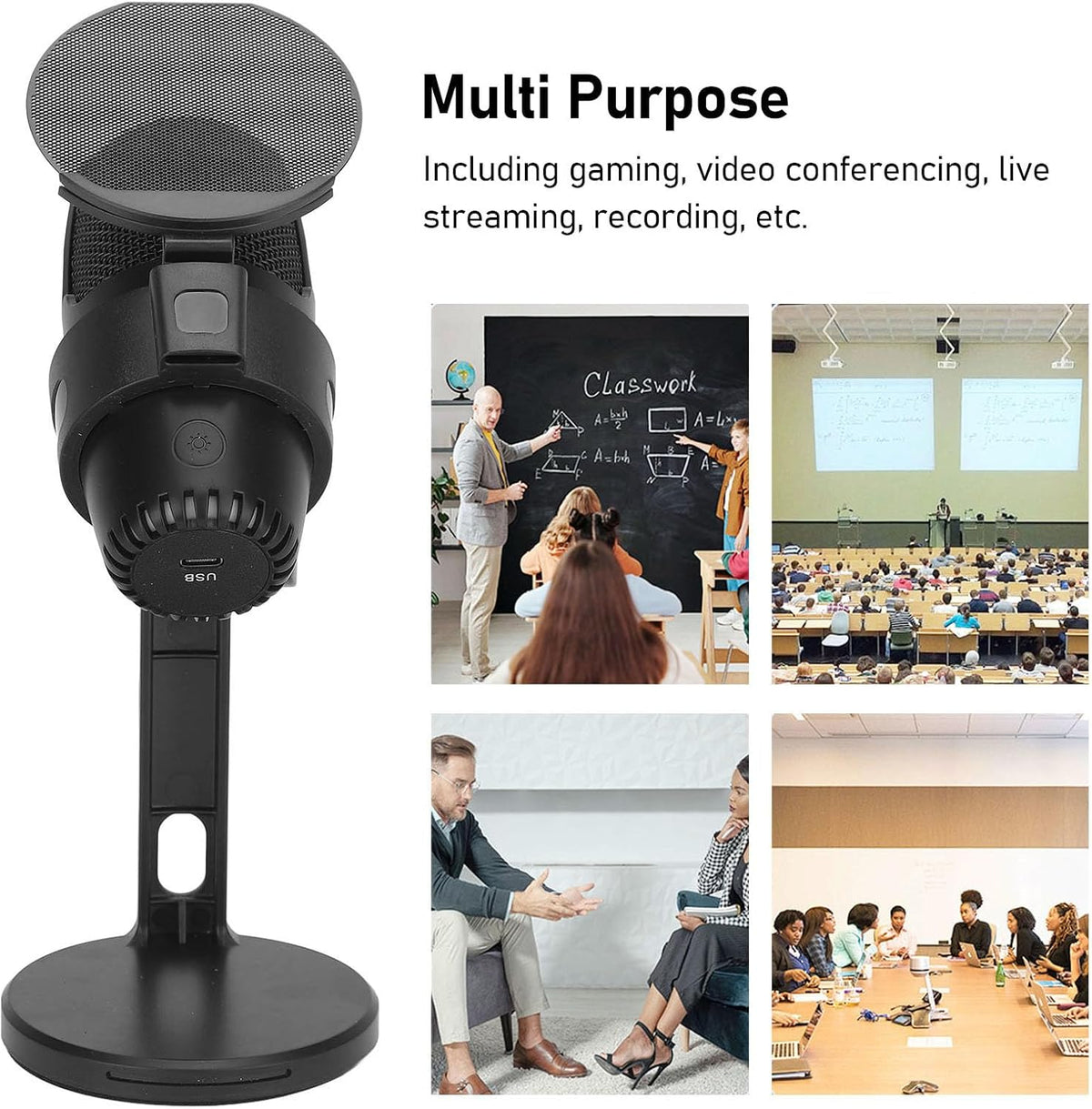 USB Condenser Microphone, RGB Light Gaming Studio Recording Live Streaming Plug and Play Superior Sound Effects Wide Compatibility for PC Android (Black)