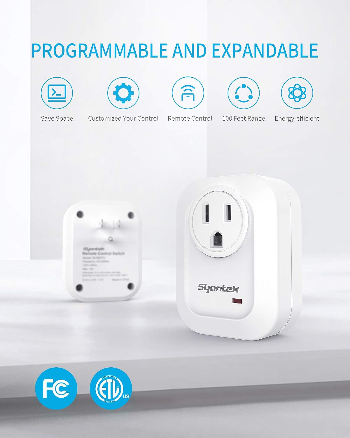 Syantek Upgraded Remote Control Outlet Wireless Light Switch for Household Appliances, Expandable Remote Light Switch Kit, Up to 100 ft Range, FCC Certified, ETL Listed, White (5 Outlets + 2 Remotes)