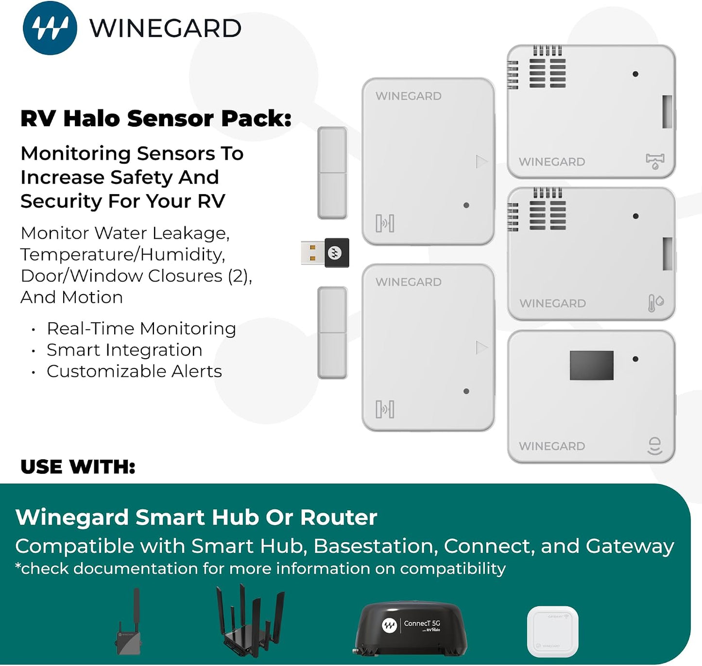 Winegard HS‑K001 RV Halo Sensor Pack – Contact, Temp, Humidity, Water, PIR Motion Sensors - Bluetooth Dongle - Multi‑Sensor Kit for RV Halo Smart System