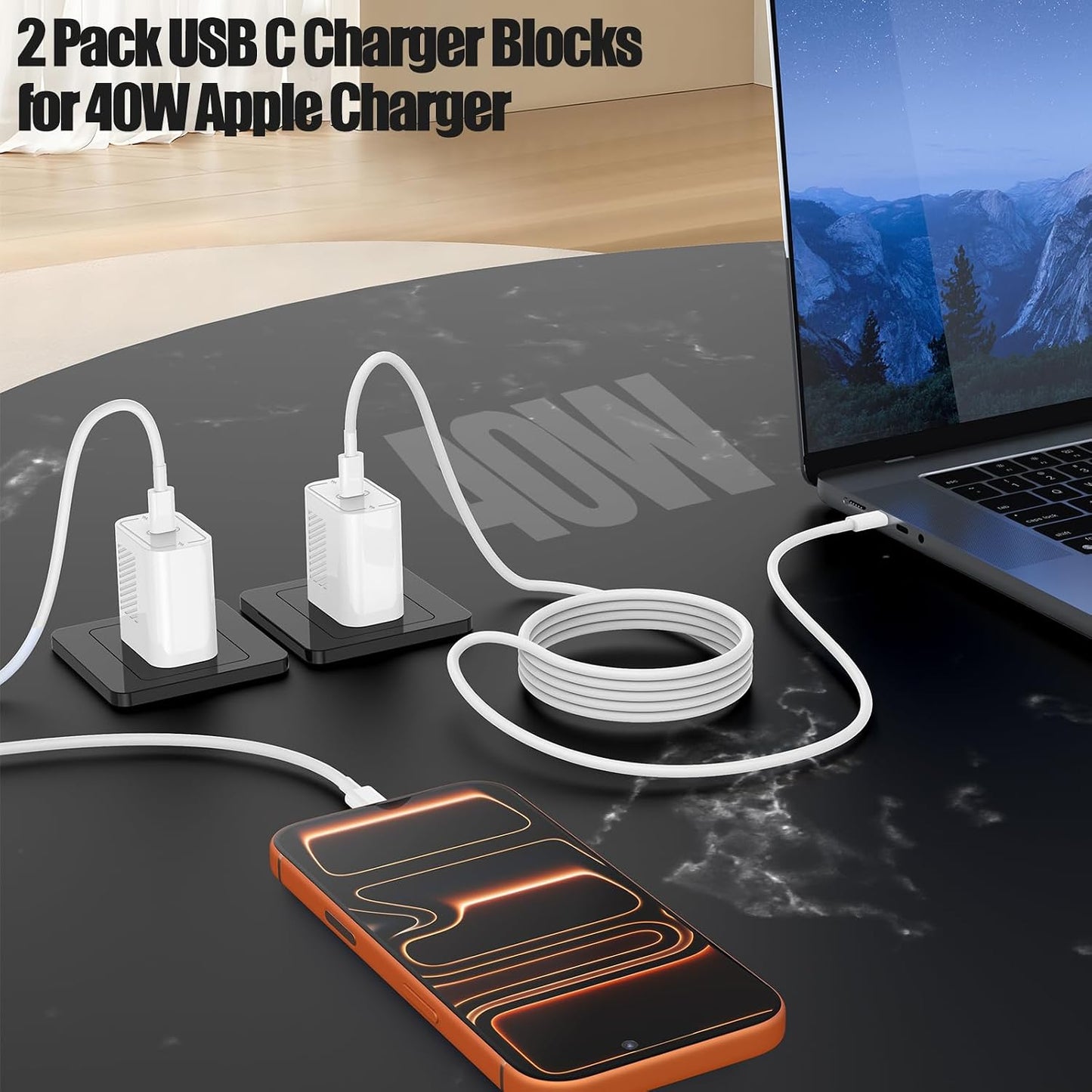 USB C Charger Fast Charging,2Pack 40W Type C Fast Charger Block& Cable | with 10ft USB-C Cables×2 PD 3.0 Super Fast Charging for iPhone 17/ Air/16/15 Pro Max for iPad Pro MacBook Air/Pro M1/M2