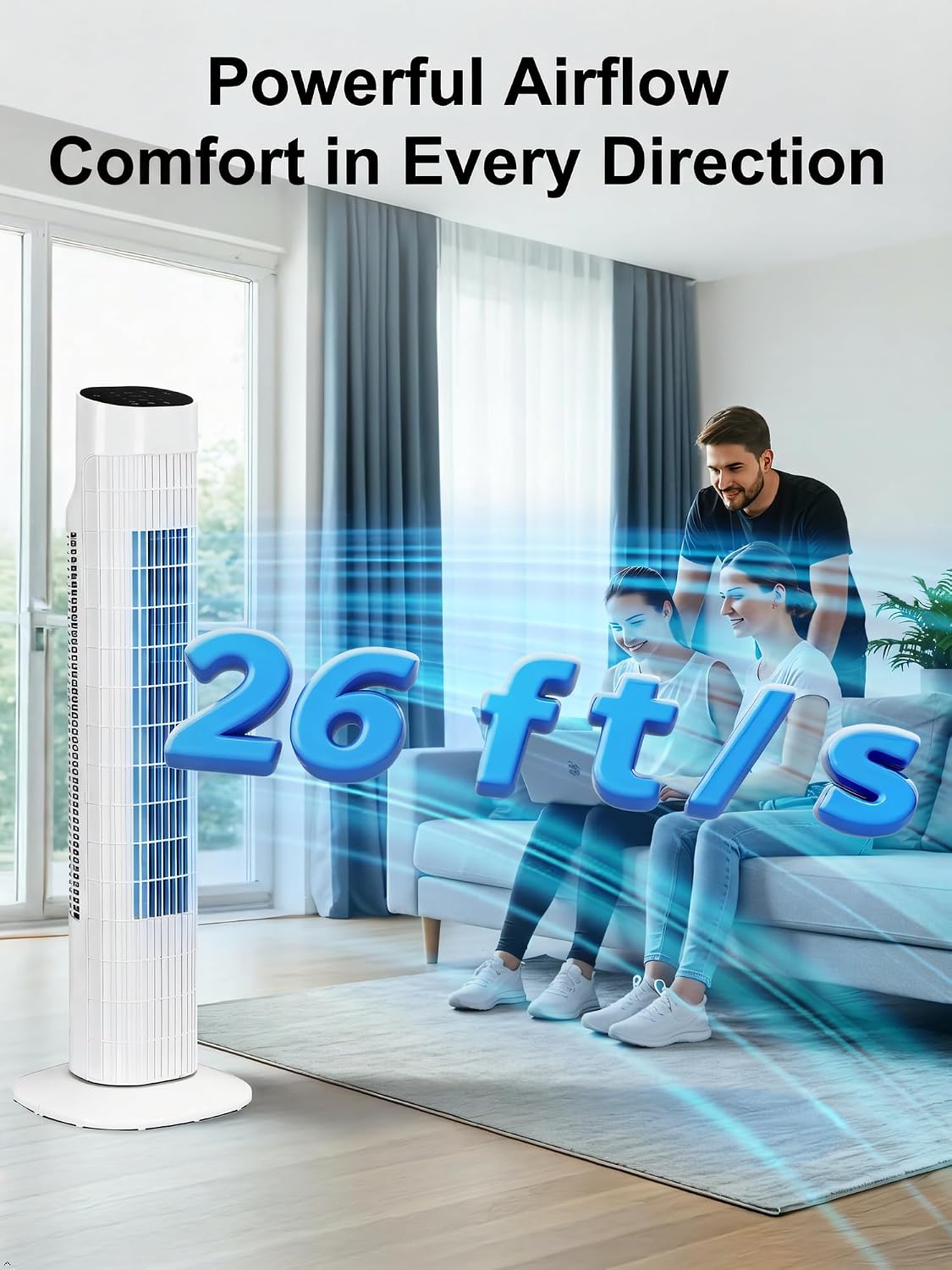 Uthfy Tower Fan with Remote, Portable 120° Oscillating Standing Fan, 3 Speeds & 3 Modes, 7.5H Timer, Fans That Blow Cold Air for Bedroom, Living Room, Office, White