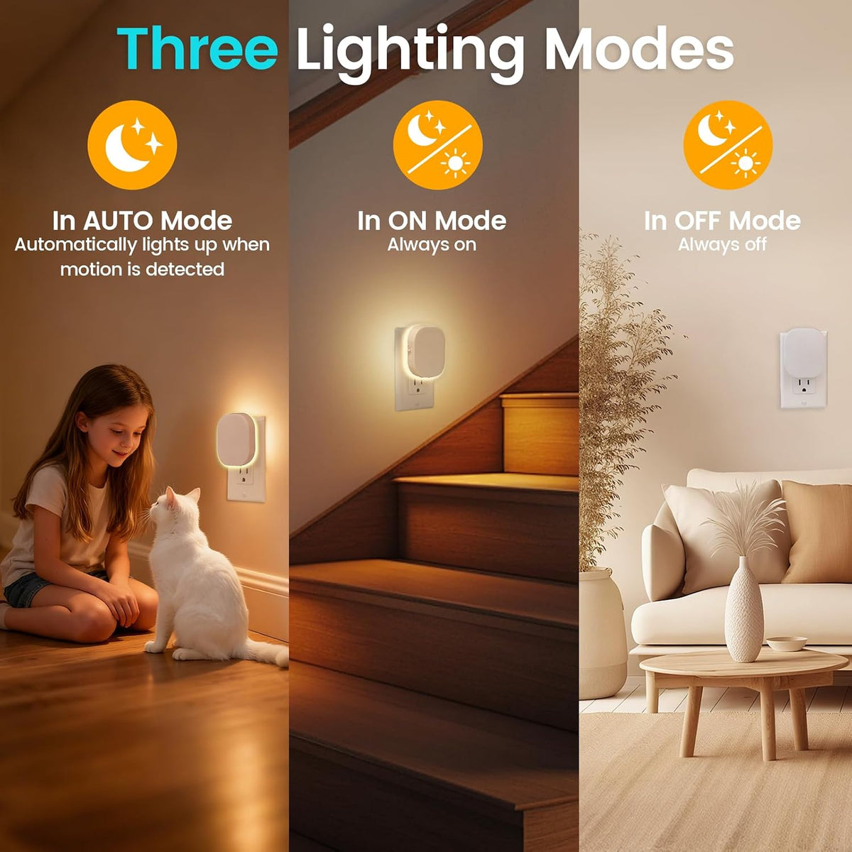 Plug-in LED Backlit Night Light with Motion Sensor & Dusk to Dawn Sensor, 2700K Soft Warm White Nightlight with Dimmable Brightness for Adults & Kids' Bedroom, Bathroom, Hallway, 2 Pack