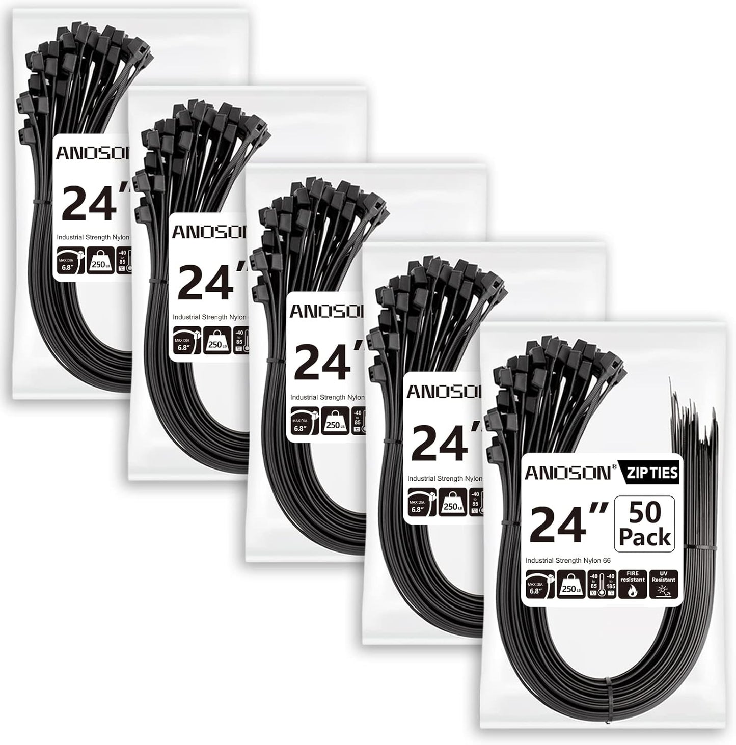 Large Zip Ties Heavy Duty Outdoor 24 inch (40 Pack), Heavy Duty Zip Ties 220 lbs, Black, by ANOSON