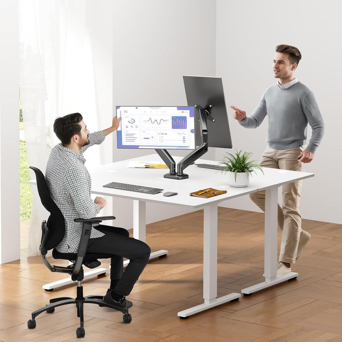 DUMOS Dual Monitor Mount for Desk, Gas Spring Monitor Arm for 2 Monitors Max 32 Inches, Fully Adjustable Double VESA Mount with C-Clamp/Grommet Base, Holds Screen 17.6 lbs