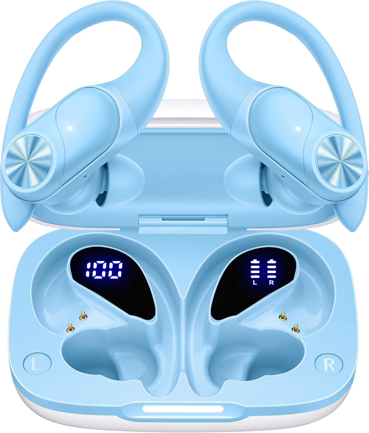 PocBuds Bluetooth Headphones Wireless Earbuds 80hrs Playtime Wireless Charging Case Digital Display Sports Ear Buds with Earhook Deep Bass IPX7 Waterproof Over-Ear Earphones for TV Phone Laptop Blue