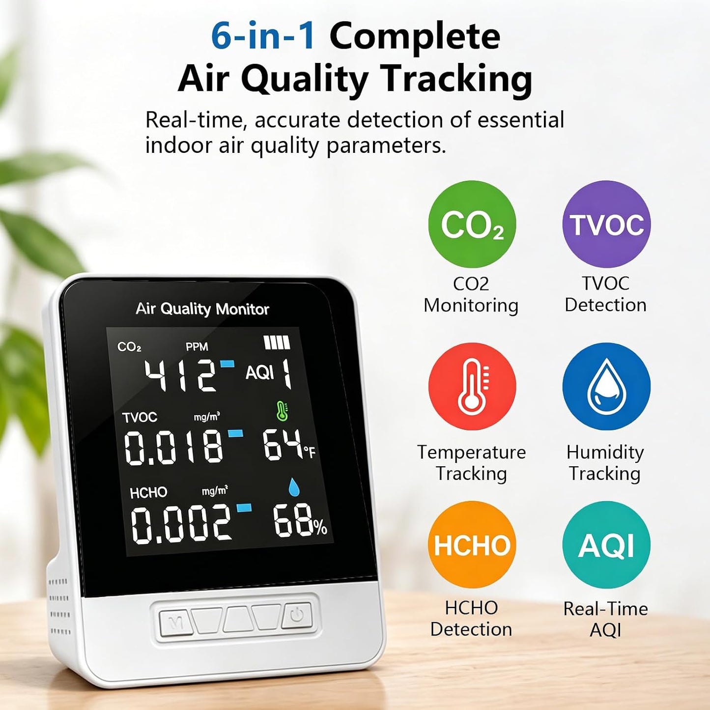6-in-1 Air Quality Monitor, Smart Indoor CO2 Detector & HCHO TVOC AQI Tester, Accurate Temperature Humidity Meter with Color Display for Home, Bedroom, Office, Car, USB Powered