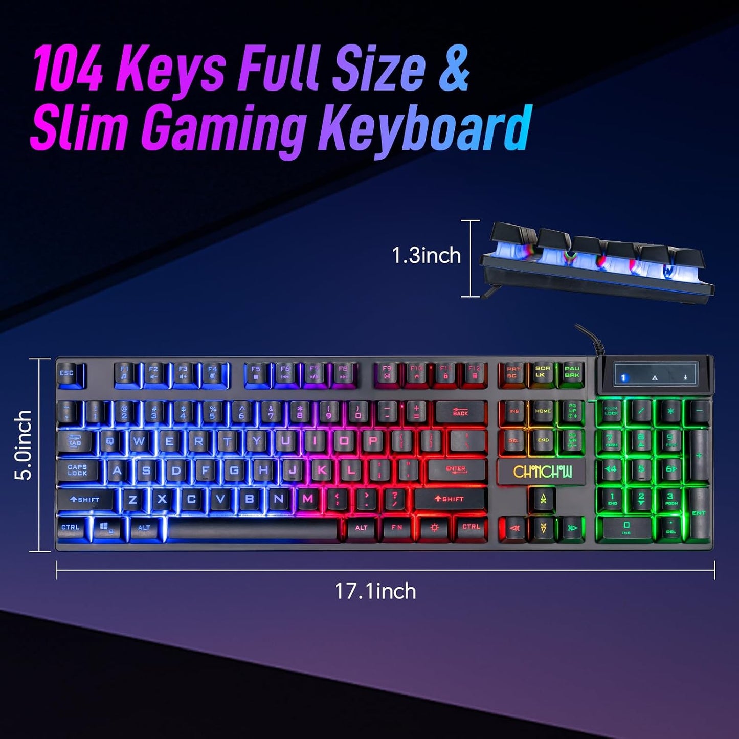 Wired Gaming Keyboard, 104 Keys Full Size, Light Up Keyboard for PC Mac Laptop Desktop