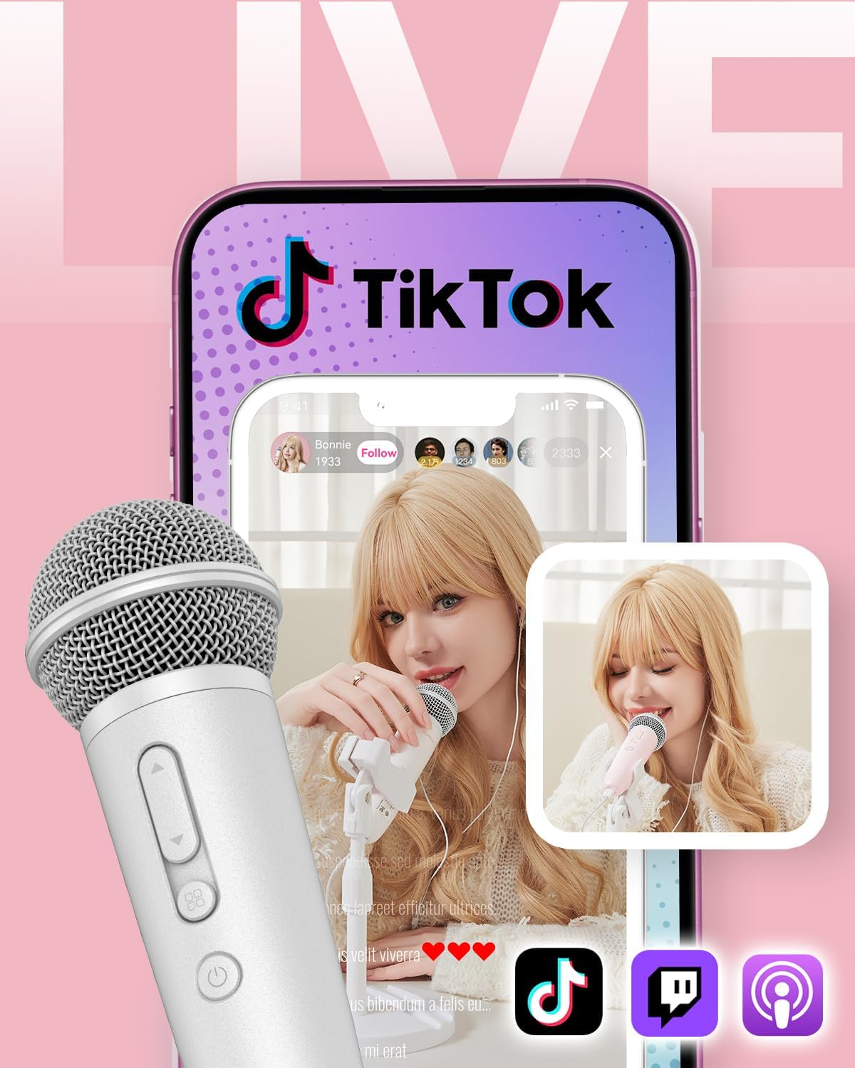 Singing Microphone with Earphone, Ideal for Vocal Recording, Podcasting, Live Streaming, Gaming, Compatible with Smule & Starmaker & Stingray, USB-C Dongle & Lightning Adapter, White