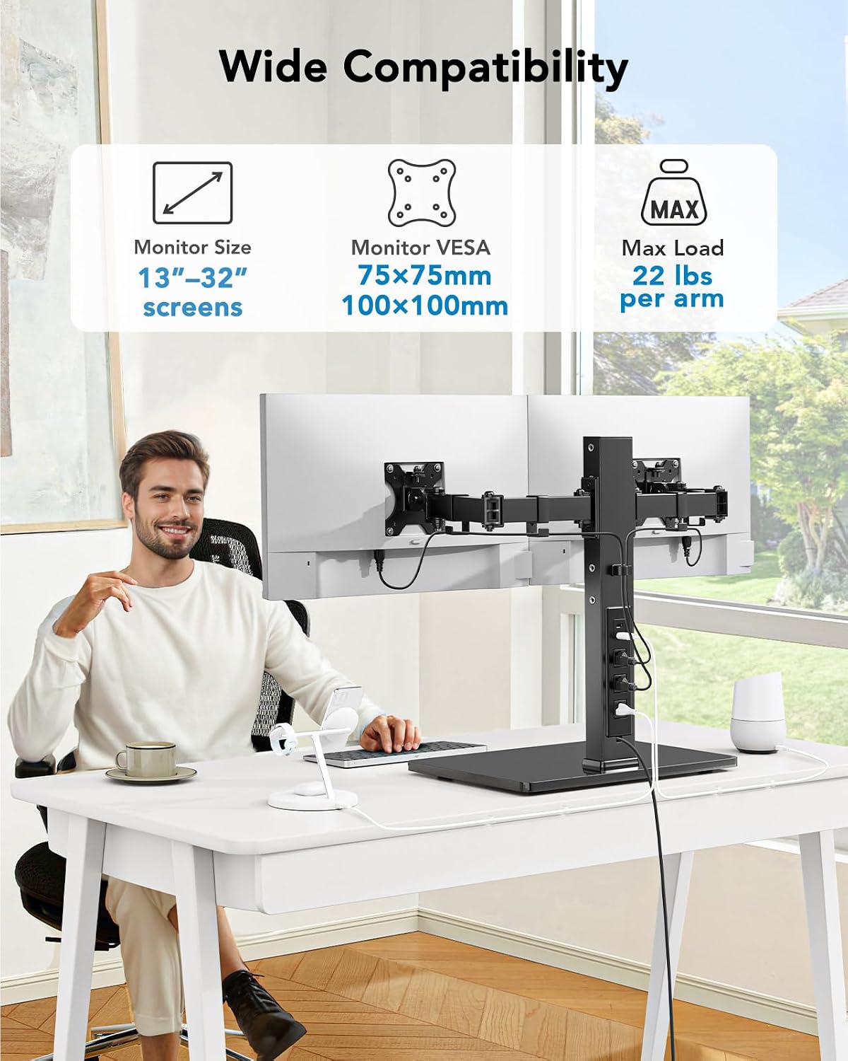 HUANUO Dual Monitor Mount with Power Outlet, Computer Monitor Stand with Sturdy Glass Base, Full Motion Dual Monitor Stand with Adjustable Height, Supports 13″-32″ Displays up to 22 lbs, Easy Setup