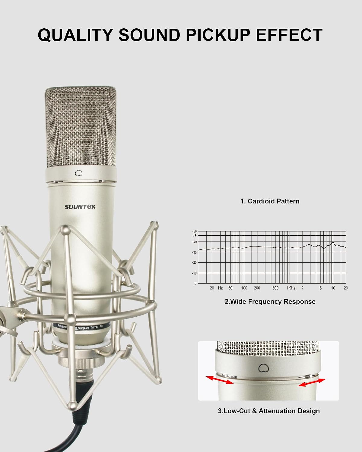 XLR Microphone, Professional Condenser Microphone with 34mm Large Diaphragm, Cardioid Studio Recording Mic Computer Gaming PC TM87KB Mic Kit for Singing, Podcasting, YouTube (Silver)