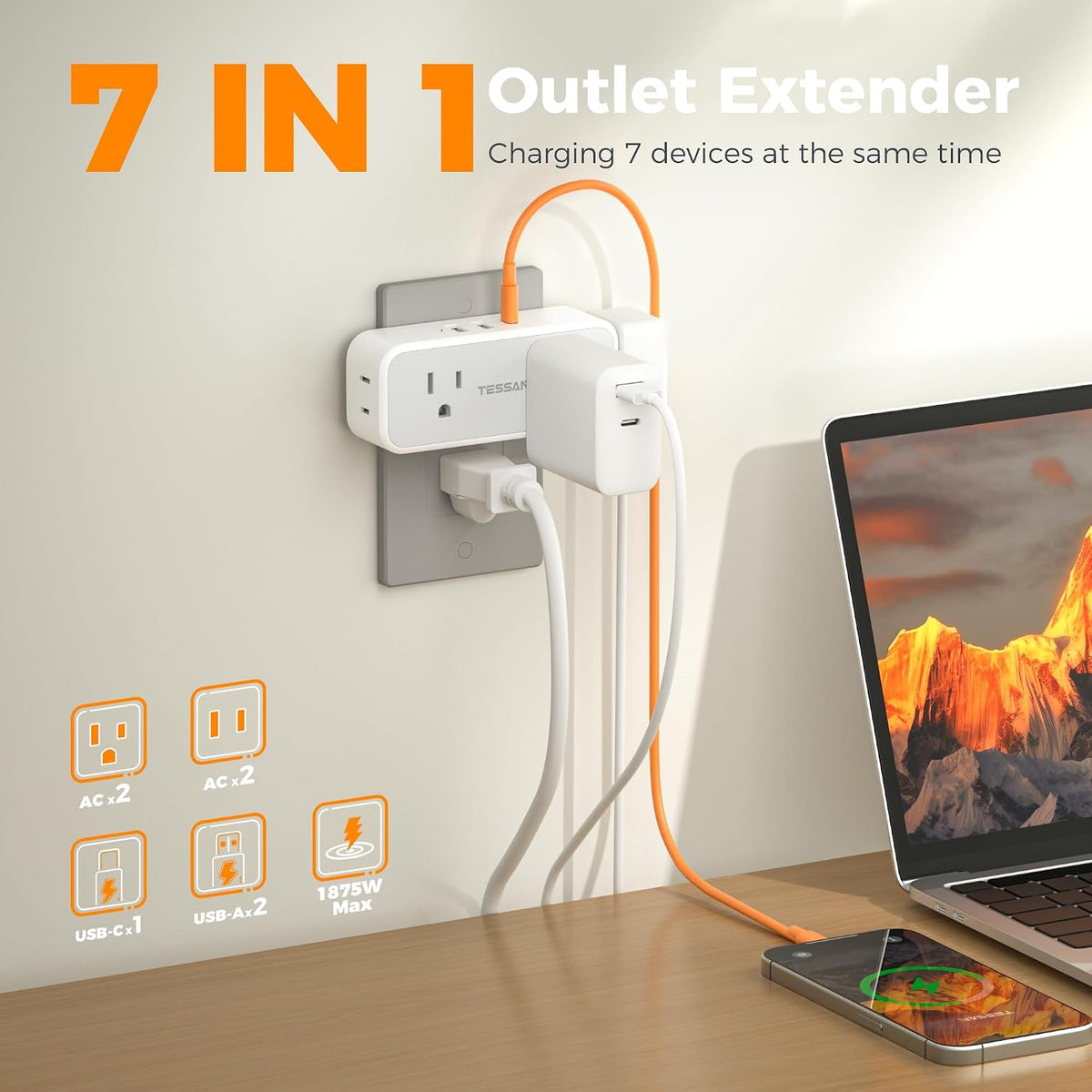 TESSAN Wall Outlet Extender, Multi Plug Mini Wall Expander, Grey
