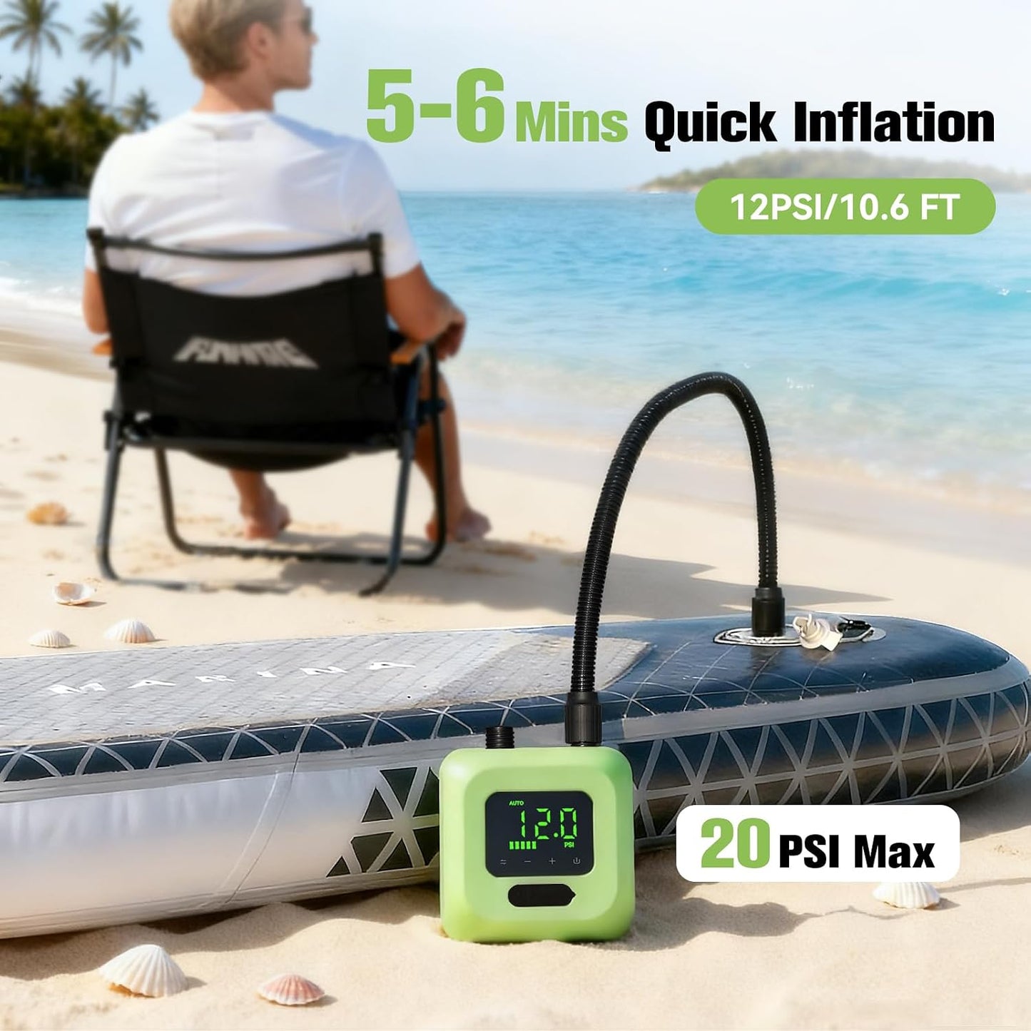 Electric SUP Pump, 20PSI Rechargeable Paddle Board Pump | Cordless, High Pressure, Dual Stage Inflation, Auto Shut-off, for Paddle Boards, Kayaks, Kite Wings, Tents and Air Mattresses