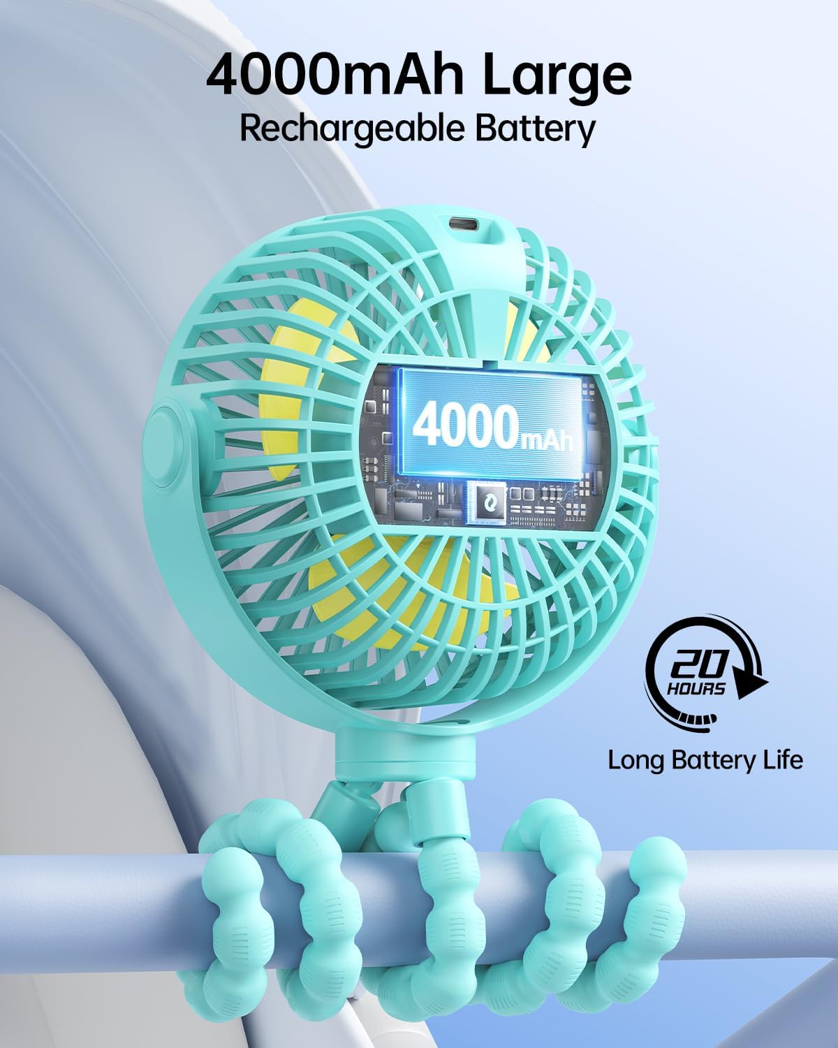SWEETFULL Portable Stroller Fan with Display 4000mAh Battery Powered Mini Clip On Fan, 4-Speed Rechargeable Small Personal Cooling for Baby Car Seat Crib Travel - Cyan