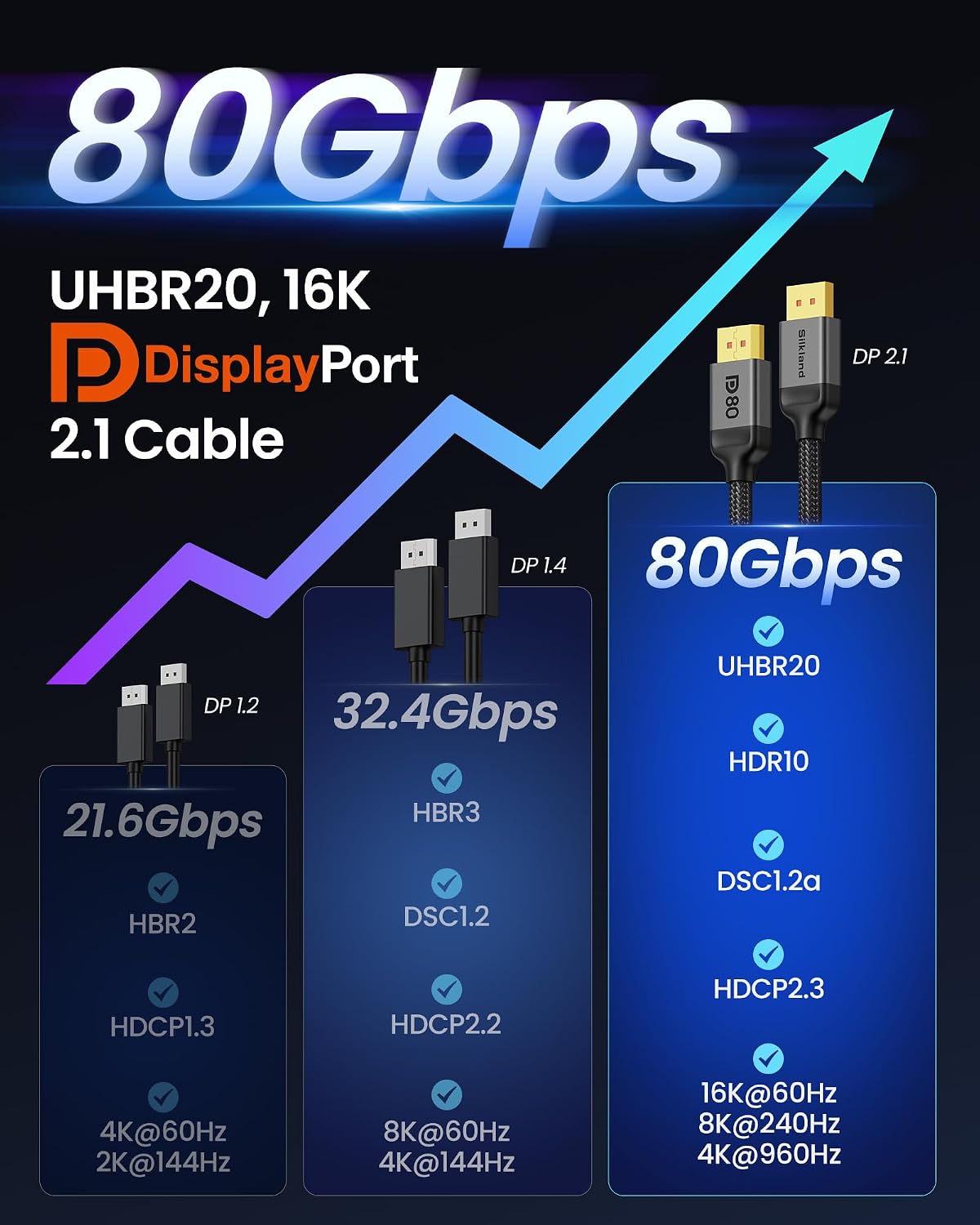 Silkland 80Gbps DisplayPort Cable 2.1 16.5FT/5M, DP80 HDR Gaming Cord