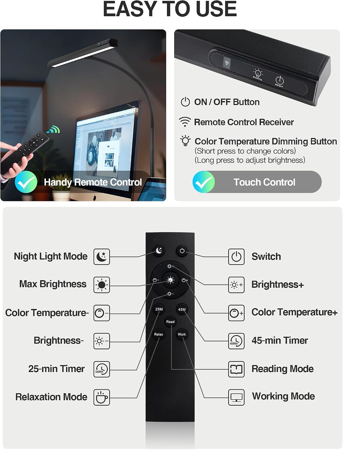 Desk Light,1000 Lumen Bright+5 Color+9 Brightness LED Desk Lamp with Remote
