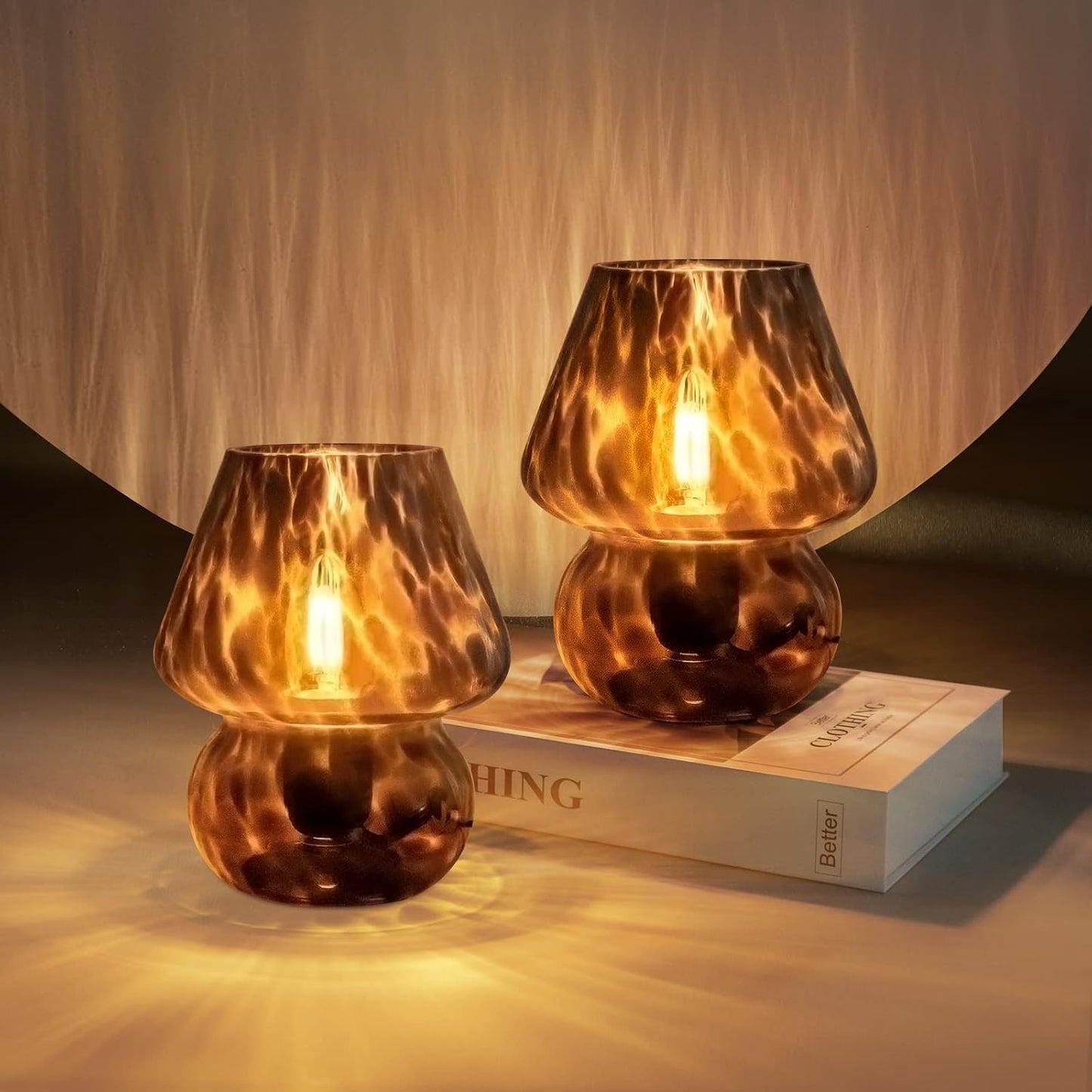 ONEWISH Mushroom Lamp Small Vintage Table Lamp for Bedroom Nightstand, Bedside Lamp Translucent Glass Stepless Dimmable, Murano Aesthetic Home Decor for Living Room Kitchen(Black)