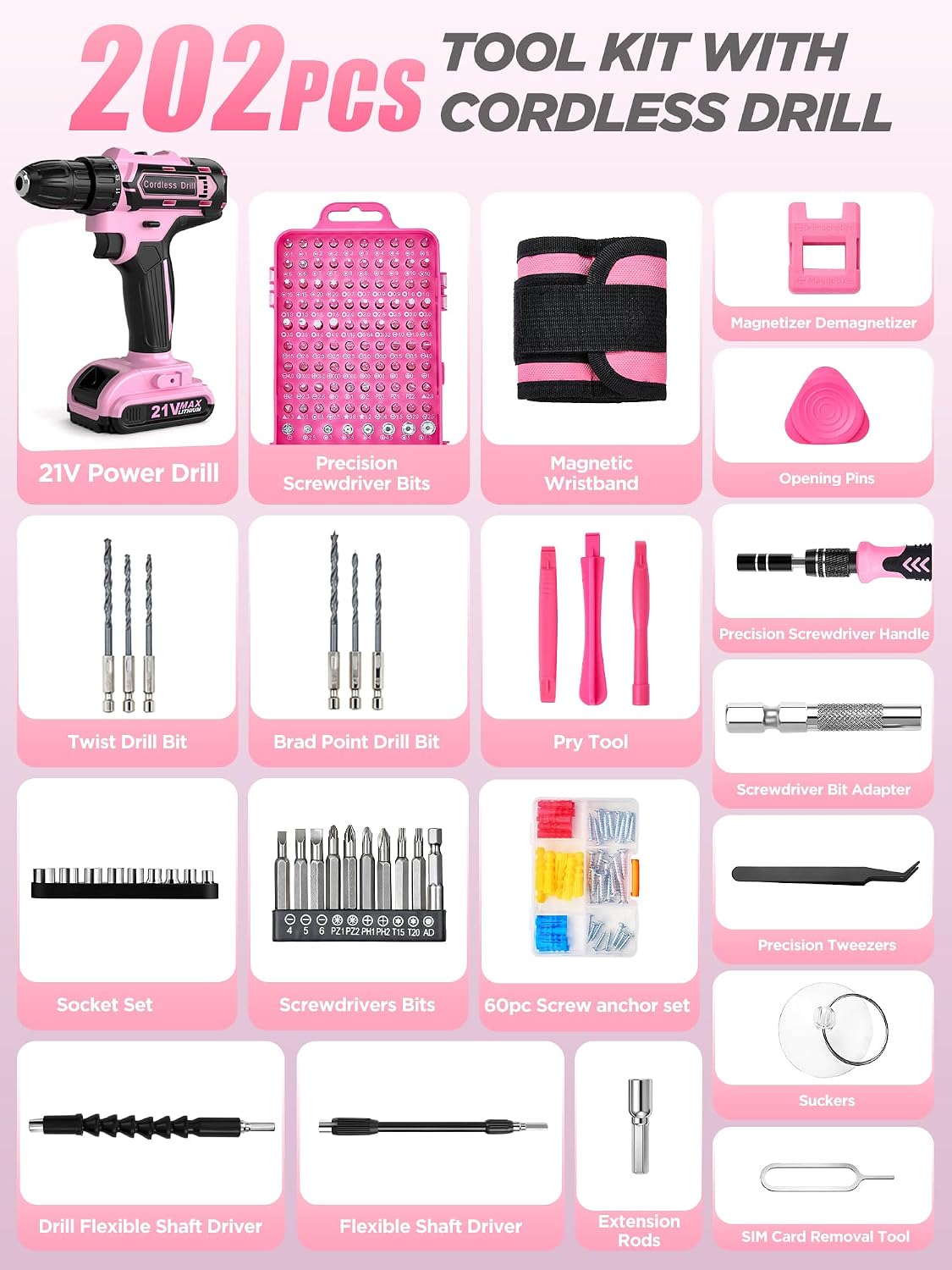 Pink Cordless Drill Set 202 Pcs, 21V Pink Power Drill Tool Set Kit with Storage Bag, Electric Drill Set for Women, Precision Screwdriver set, Magnetic Wristband, for Home DIY Projects