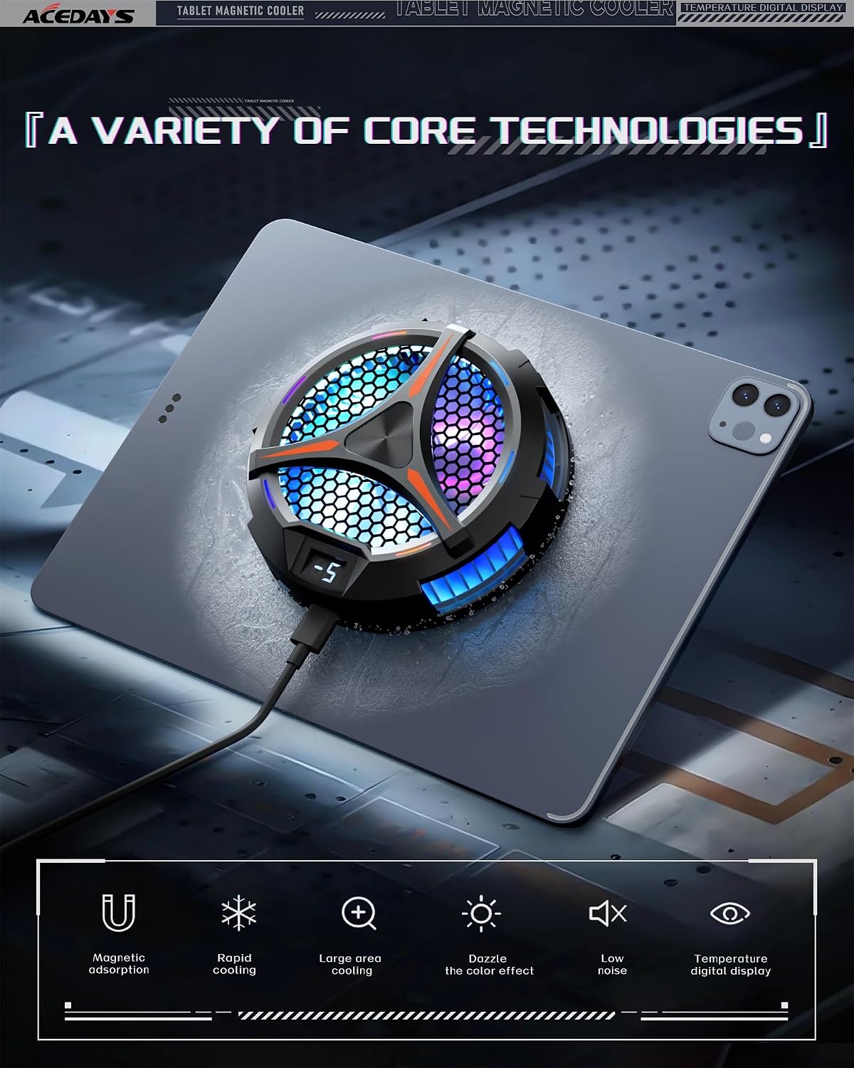 ACEDAYS iPad Cooler,Magnetic Tablet Cooler for ipad/Surface pro/Samsung Tab,Compatible for Steam Deck,Universal Radiator with Temperature Display for Mobile Gaming,Tiktok Live Streaming
