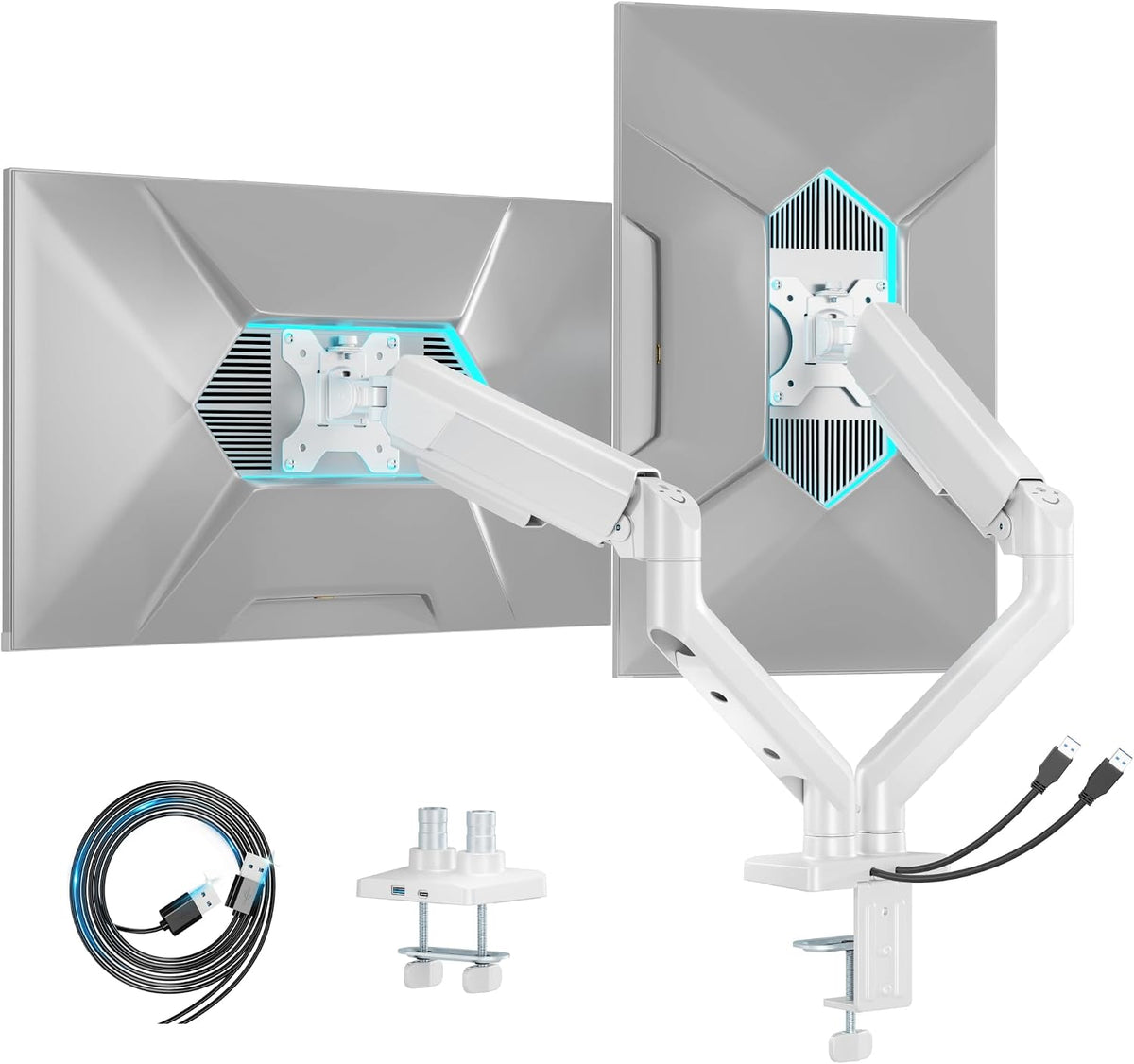 ARES WING Dual Monitor Mount with USB for 2 Monitors for 17-35 inch, White