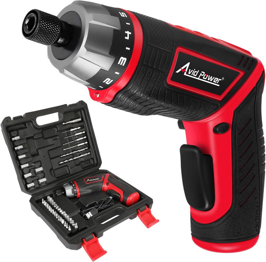 AVID POWER 4V Electric Cordless Screwdriver Set 5.65Nm 44 Bits with Case | 5.65Nm, 5+1 Torque Settings, 2-Position Handle, 44 Accessories, LED Light, for Precision Assembly & Furniture Installation