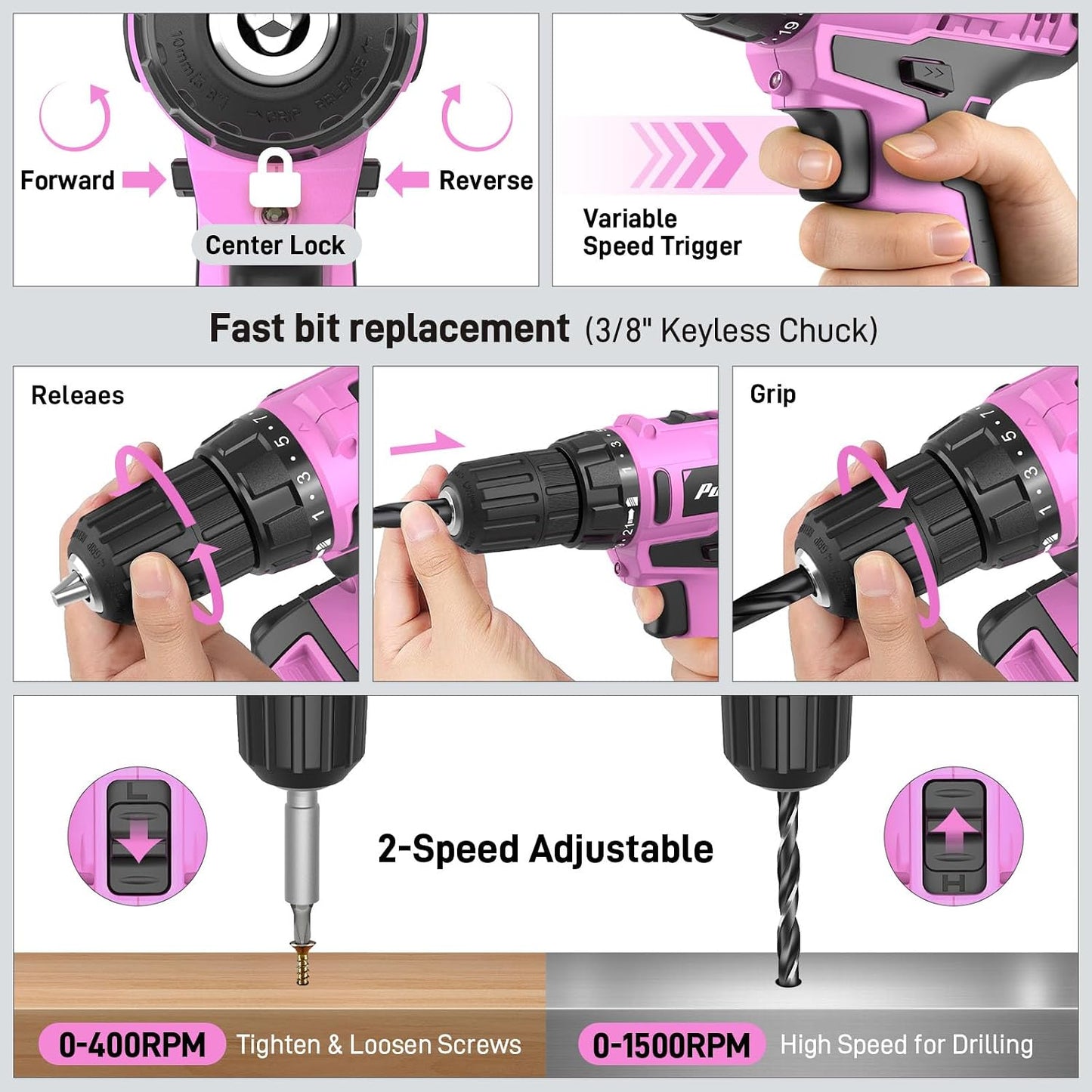 PULITUO Power Drill Tool Kit with 20V Cordless Drill/Driver, Electric Screwdriver, 2 Batteries & Charger, LED Light, 199-Piece Pink Home DIY Tool Set with Toolbox, Drill Set for Women & Men (Pink)