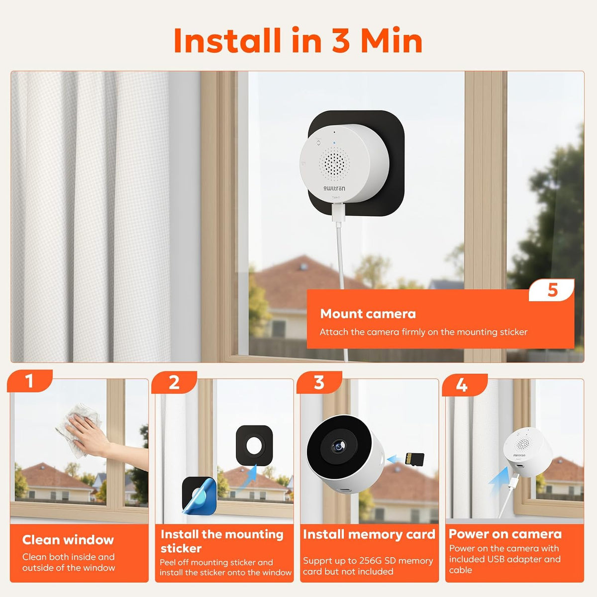 owltron Window Camera 3MP, 5G & 2.4GHz WiFi Indoor Cameras for Home Security with Al Color Night Vision, Human/Motion Detection, Anti-Glare, 24/7 Recording, Real-Time Alerts, Easy & Quick Install