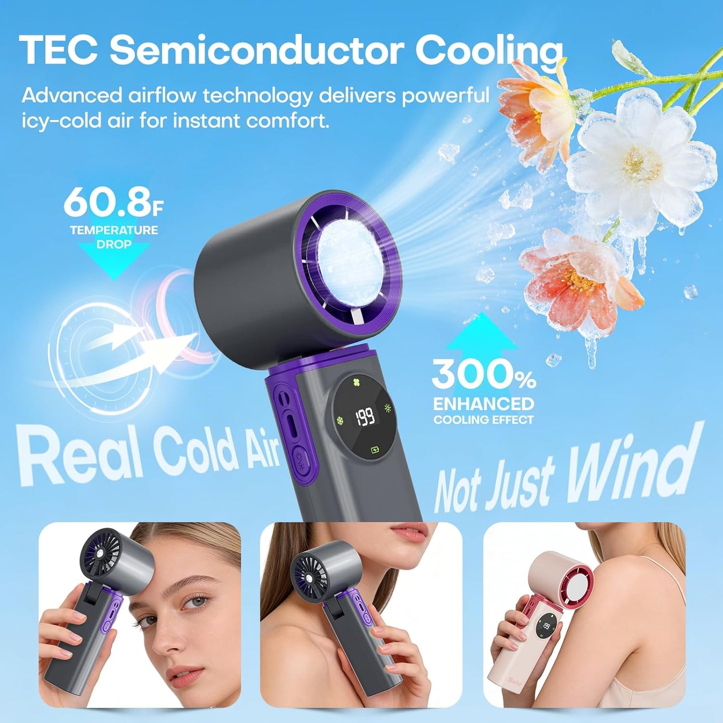 Portable Handheld Fan with Ice Cooling, 199 Levels Stepless Speed, 20H Long Battery Life, 20000RPM Turbo Fan Rechargeable Personal Mini Fan for Travel, Outdoor, Makeup (Grey)