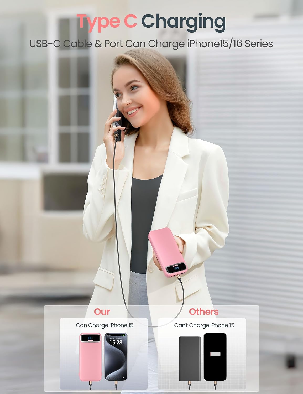 aonidi Portable Charger 12000mAh with Built-in Cables&AC Wall Plug, Pink | PD20W USB C Fast Charging,LED Display External Travel Power Bank,TSA approved Battery Pack for All iPhone,Samsung,Android