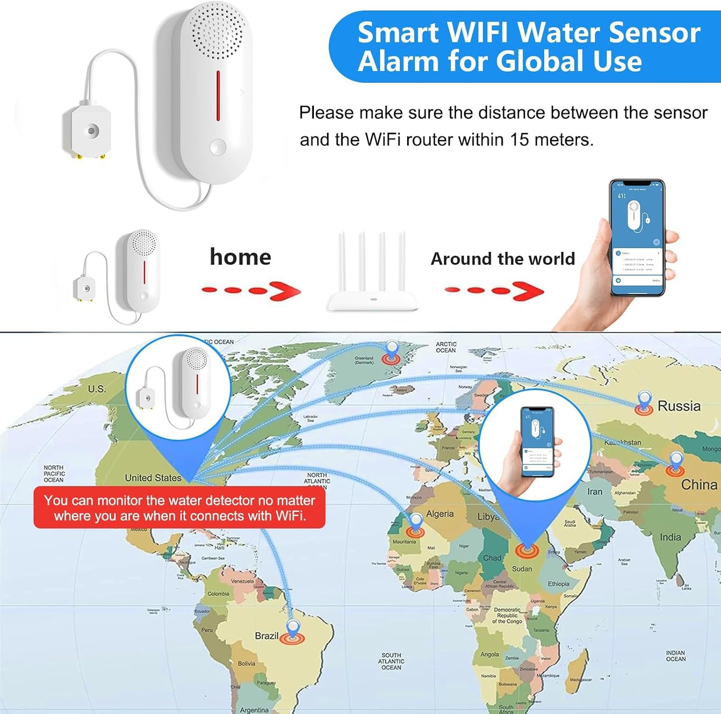 Water Detector Alarm, Smart Water Sensor Alarm Water Leak Detector, 100dB Water Detector Alarm with App Remote Monitor, Wireless Tank Level Monitor for Basement,Kitchen,Bathroom.1PCS