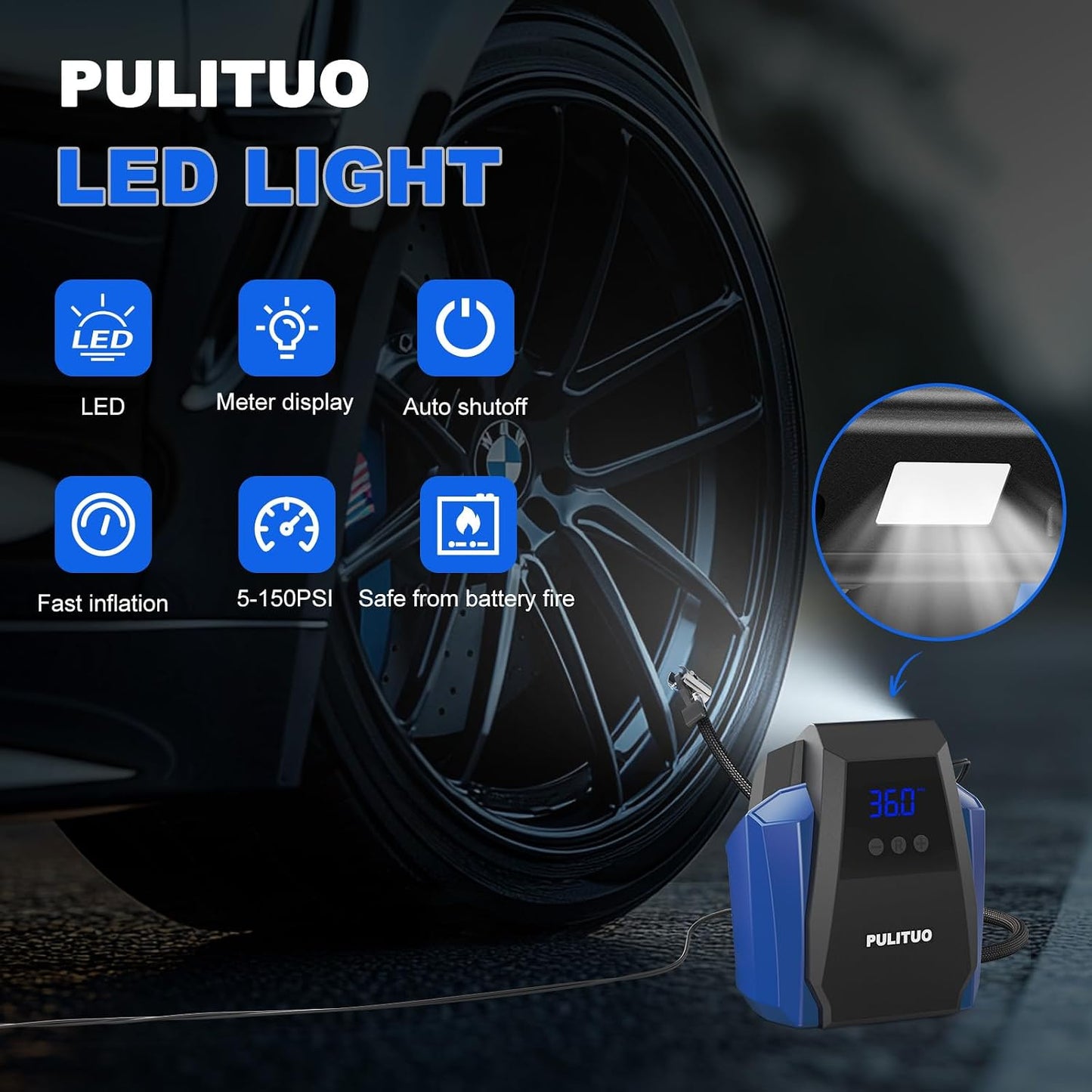 12V DC Tire Inflator - Portable Air Compressor 35L/min, 150 PSI Car Tire Pump with Auto Shut Off, Digital Pressure Gauge and LED Light, Blue