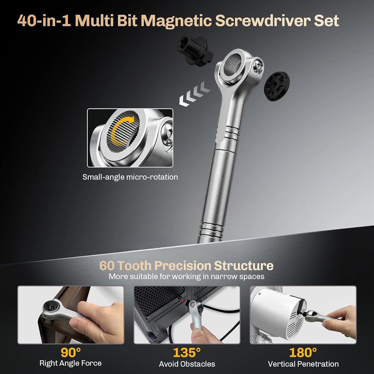 Magnetic Screwdriver Set 40-in-1 Ratchet Screwdriver Tool Kit with 270° Ball-Joint Handle - Portable CRV Bits Precision Repair Tool Set for Electronics,Computer,Phone,Bikes, Watches,Camera