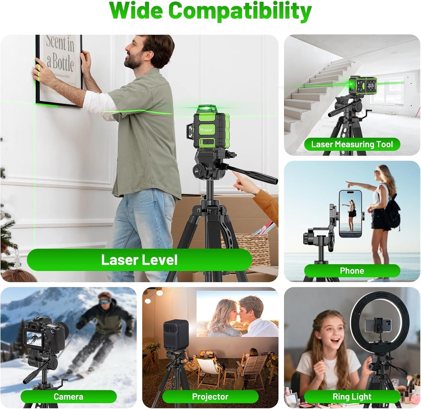 Huepar Professional Laser Level Tripod, Fathers Day Dad Gifts, 68 Inch Adjustable Height, Suit for Heavy Duty Lasers Levels, Point Laser, Distance Measure - Phone Holder, 1/4" & 5/8" Thread Mount
