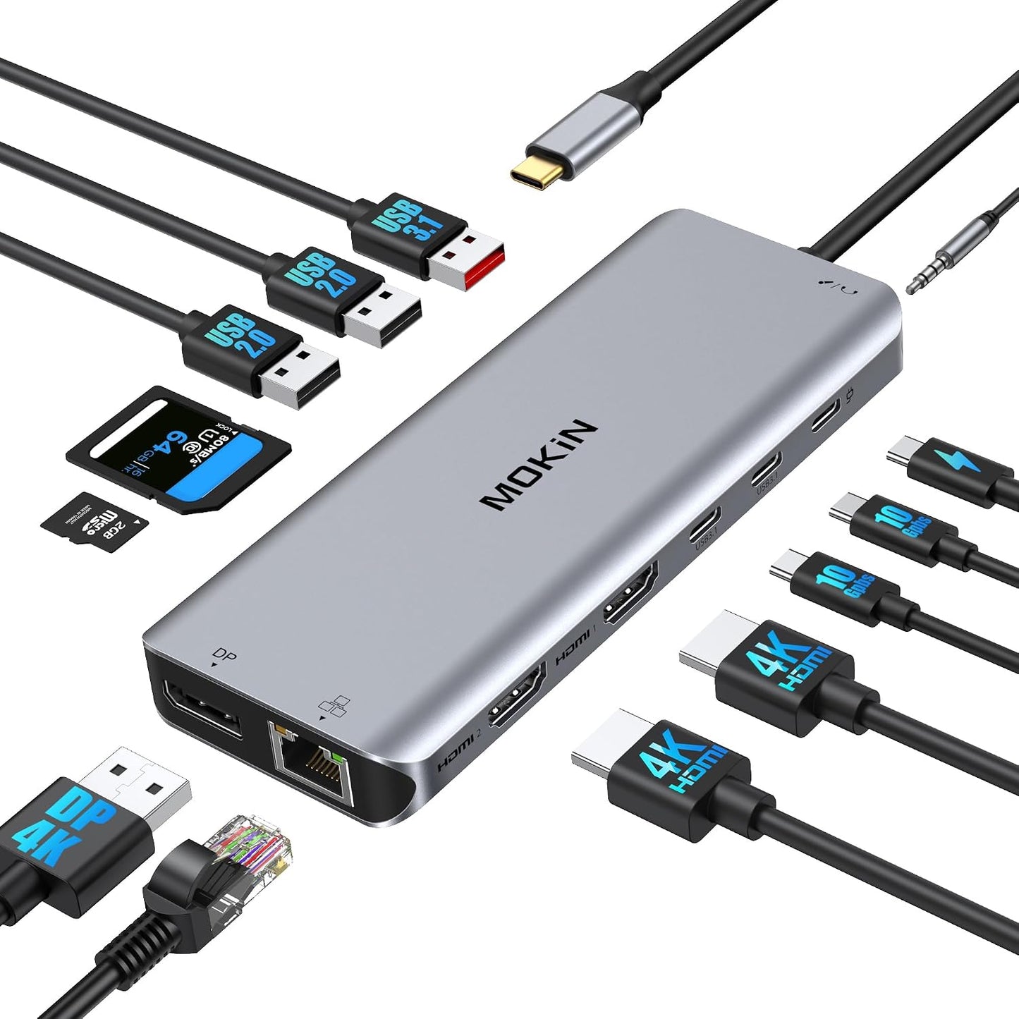 USB C Laptop Docking Station Dual Monitor Dual HDMI 4K DP Triple Display Hub, 13 in 1 MOKiN USB C Hub with 3 Monitors, DisplayPort, USB 3.1, RJ45, 100W PD, Card Reader, Audio/Mic, for Dell HP Lenovo
