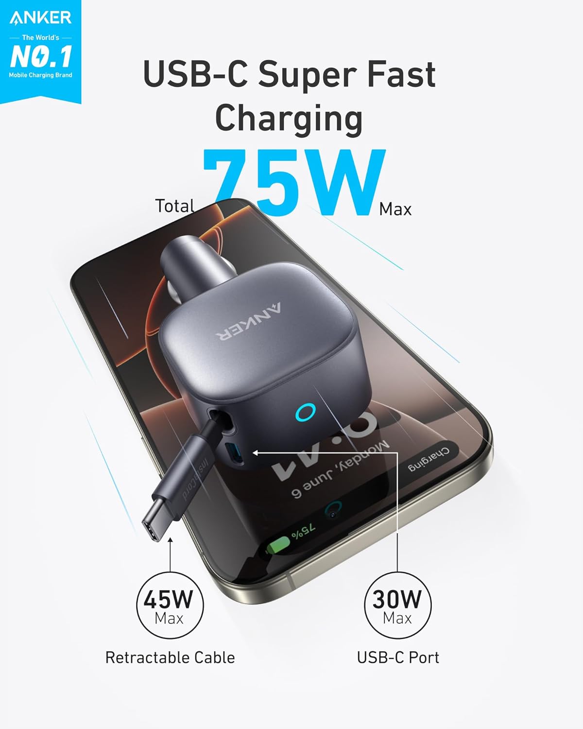 Anker 75W Fast Charging USB C Car Charger with Retractable Built-in Cable | Fast Power Adapter, Car Accessories for iPhone 17 / 16 Series, Galaxy S25 / S24, MacBook Pro / Air, iPad, and More