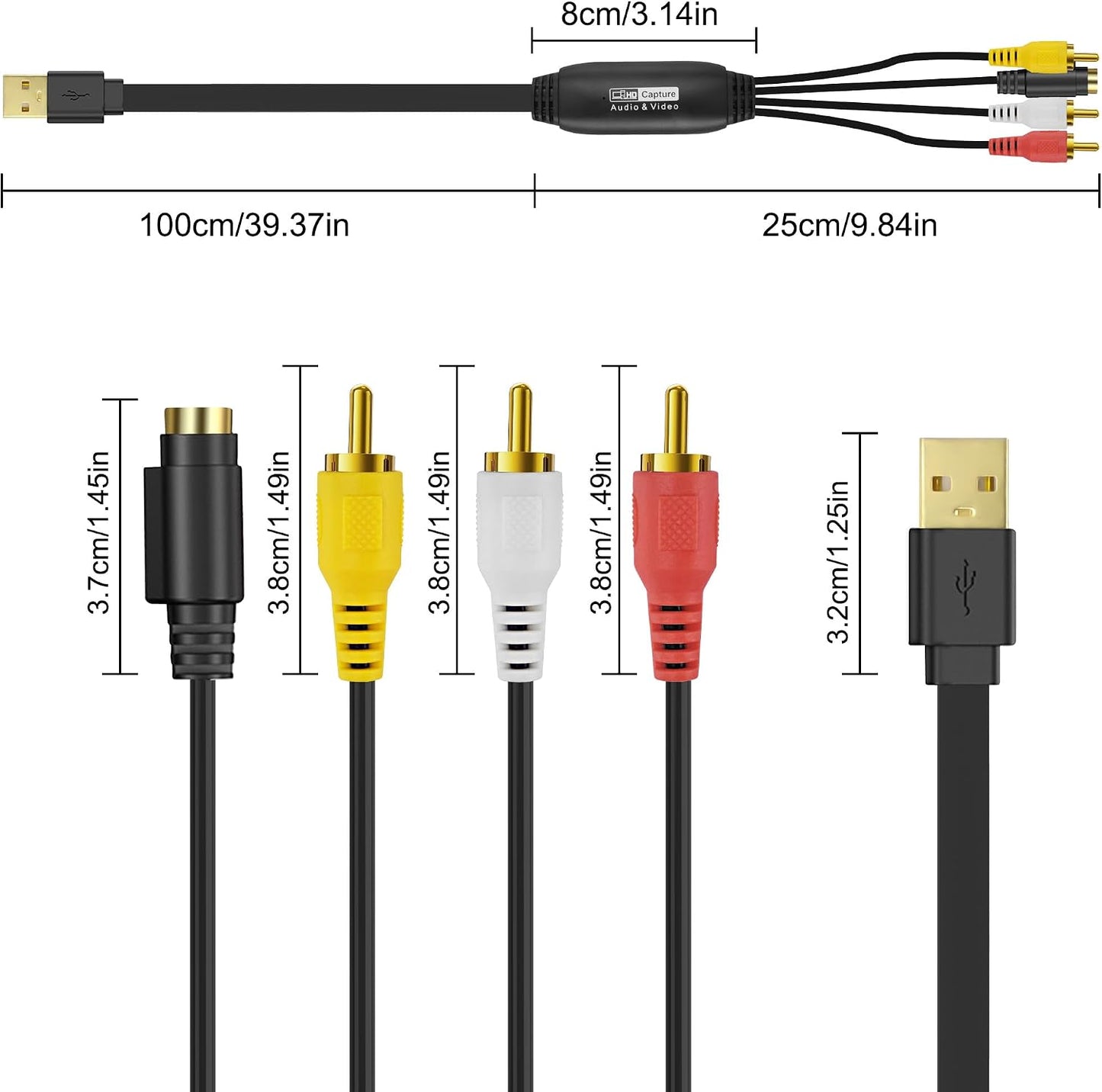 XMSJSIY USB 2.0 Audio Video Capture Card S Video RCA to USB Digital Grabber Recorder CVBS VHS VCR to Digital Converter for DVD Player,Laptop,PC,Tape Recording -1.2M/3.9FT (S-Video+3 RCA Male to USB)