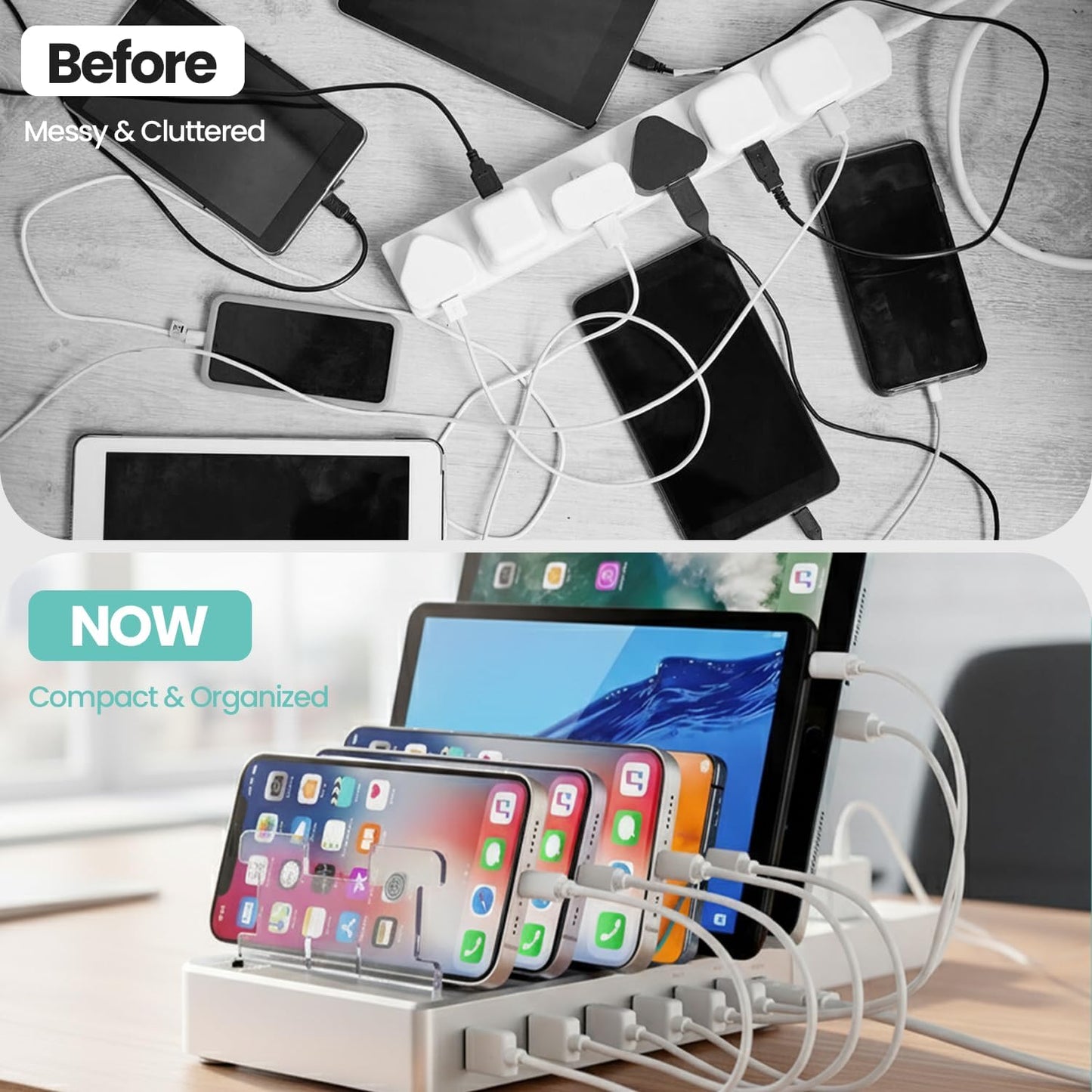300W Fast Charging Station for Multiple Devices, 6 Port USB Charging Hub, Universal Desktop Charger Organizer Compatible with iPhone iPad Android Phones Tablets Kindle Home Office Travel