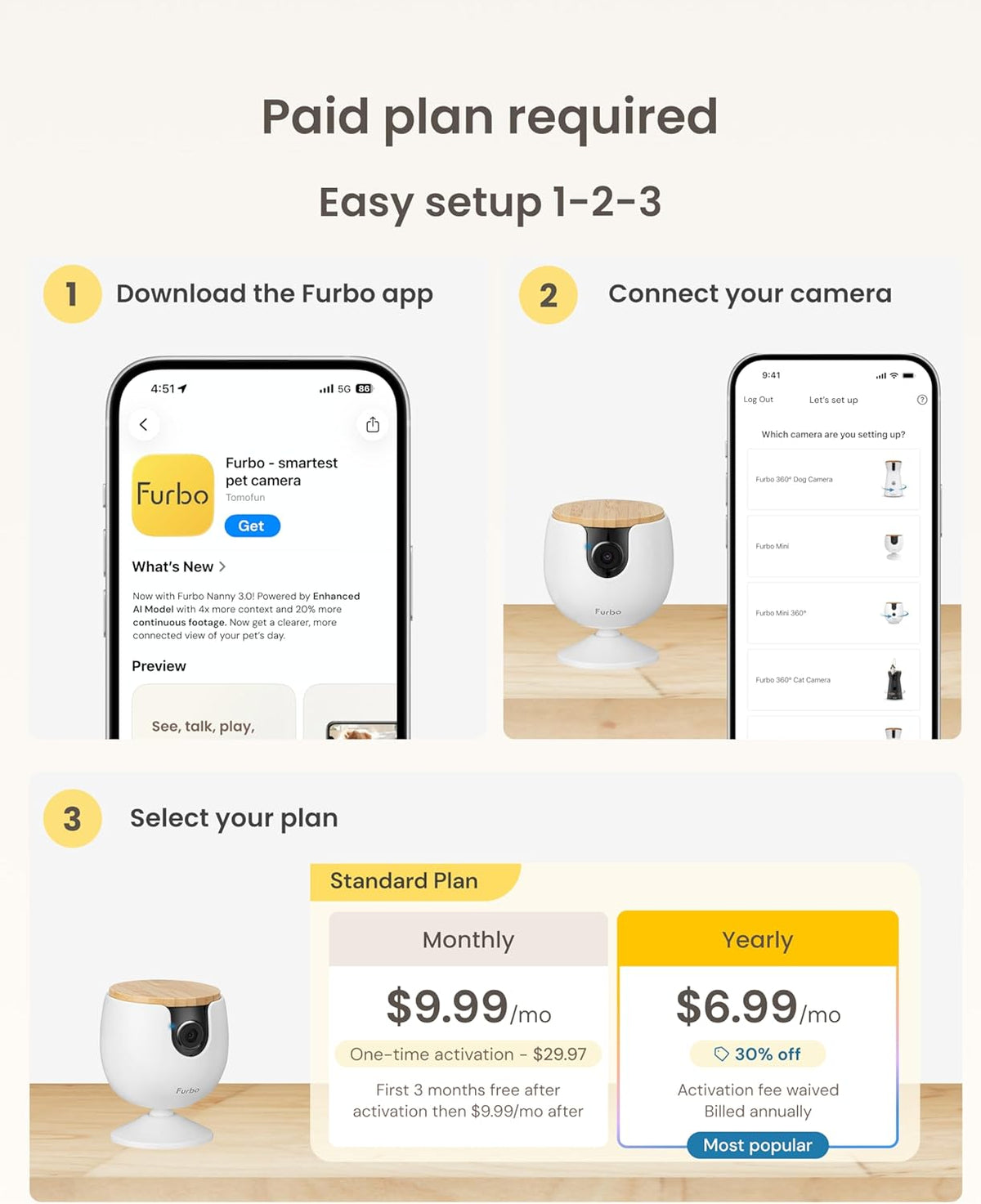 Furbo Mini Pet Camera [Paid Plan Required to Activate] | Stay connected with AI Pet & Home Safety Alerts, Mountable 130° Wide View, Video History, 2-Way Audio, Paid Plan Required