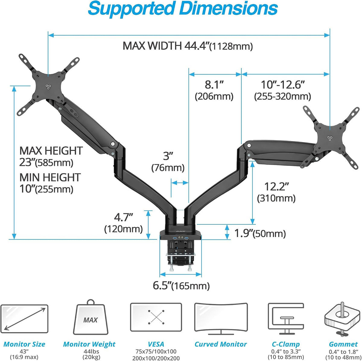 AVLT Dual Monitor Arm Desk Mount for 13-43" Screens, Heavy Duty - Black