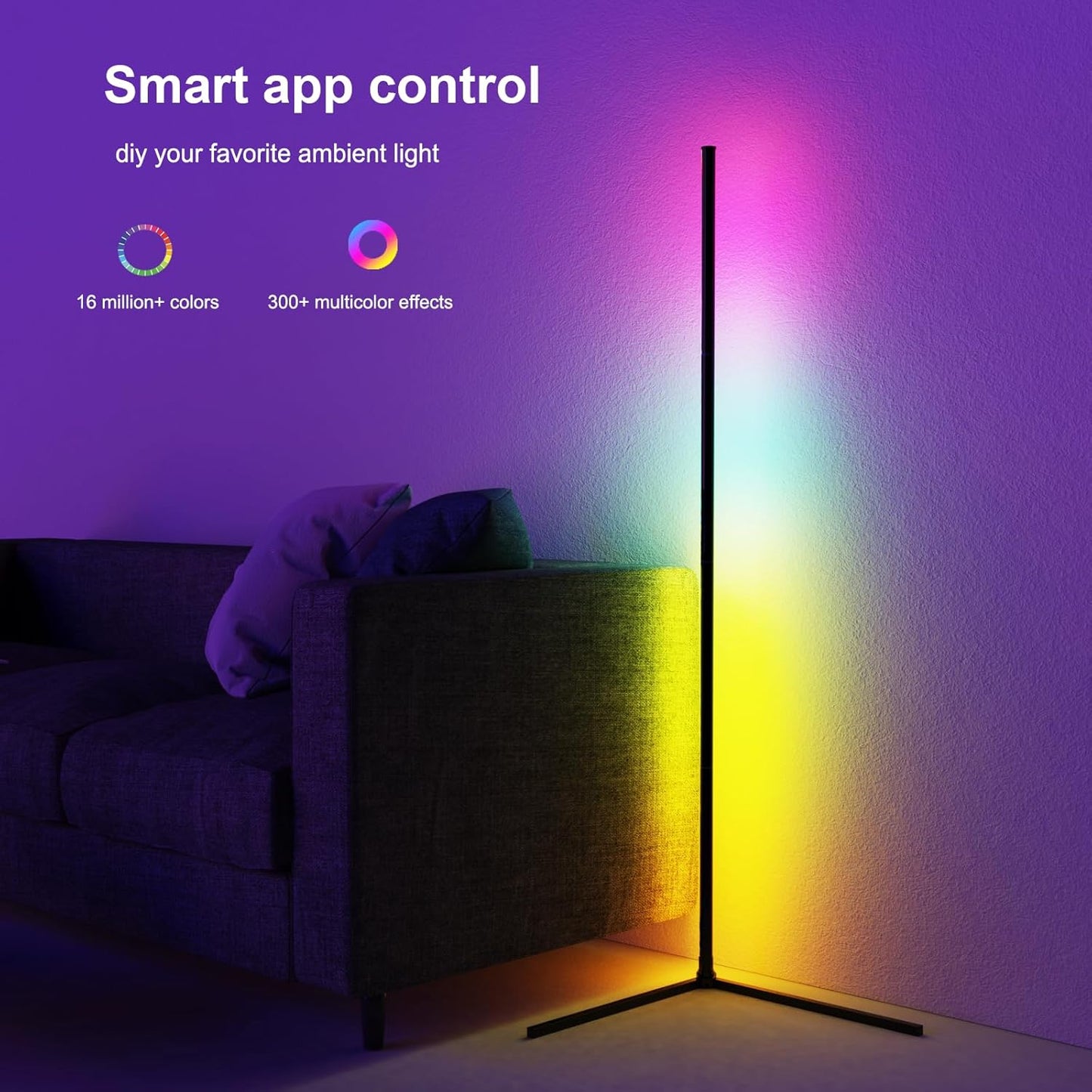 Corner Floor Lamp, 60”Smart RGB LED Ambient Floor Lamp with App and Remote Control,16 Million Colors, Music Sync, Timer, Color Changing Mood Lighting for Living Room and Bedroom