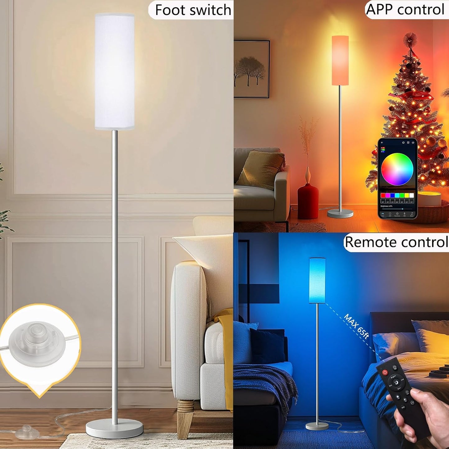 Qaubauyt Smart LED Floor Lamp with APP Control & RGB Colors - Dimmable Standing Lamp for Living Room, Bedroom, Gaming - Remote, Timer, 9W Bulb Included, 67" Modern Tall Lamp (White)